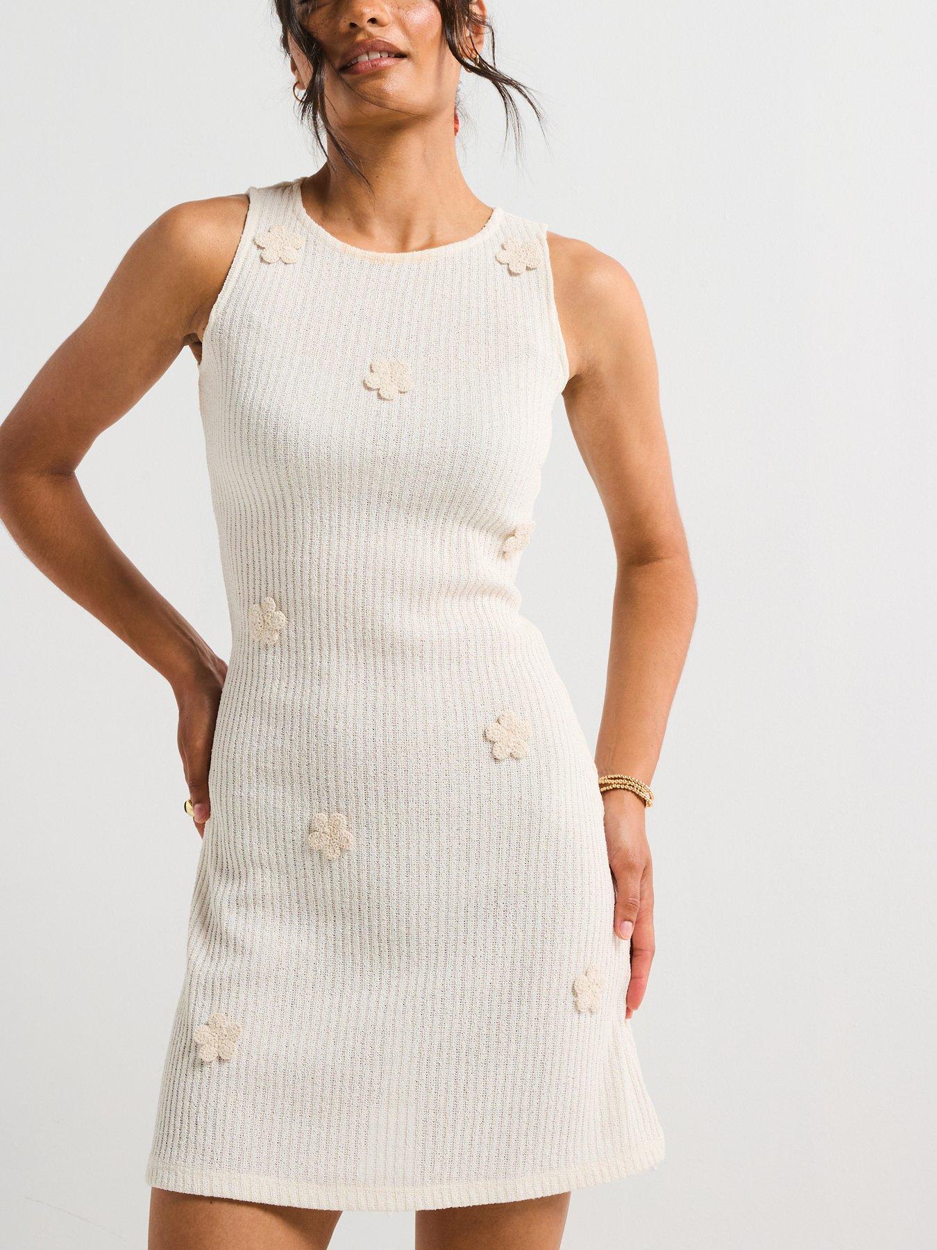 undefined Crochet Flower Mini Dress - Cream