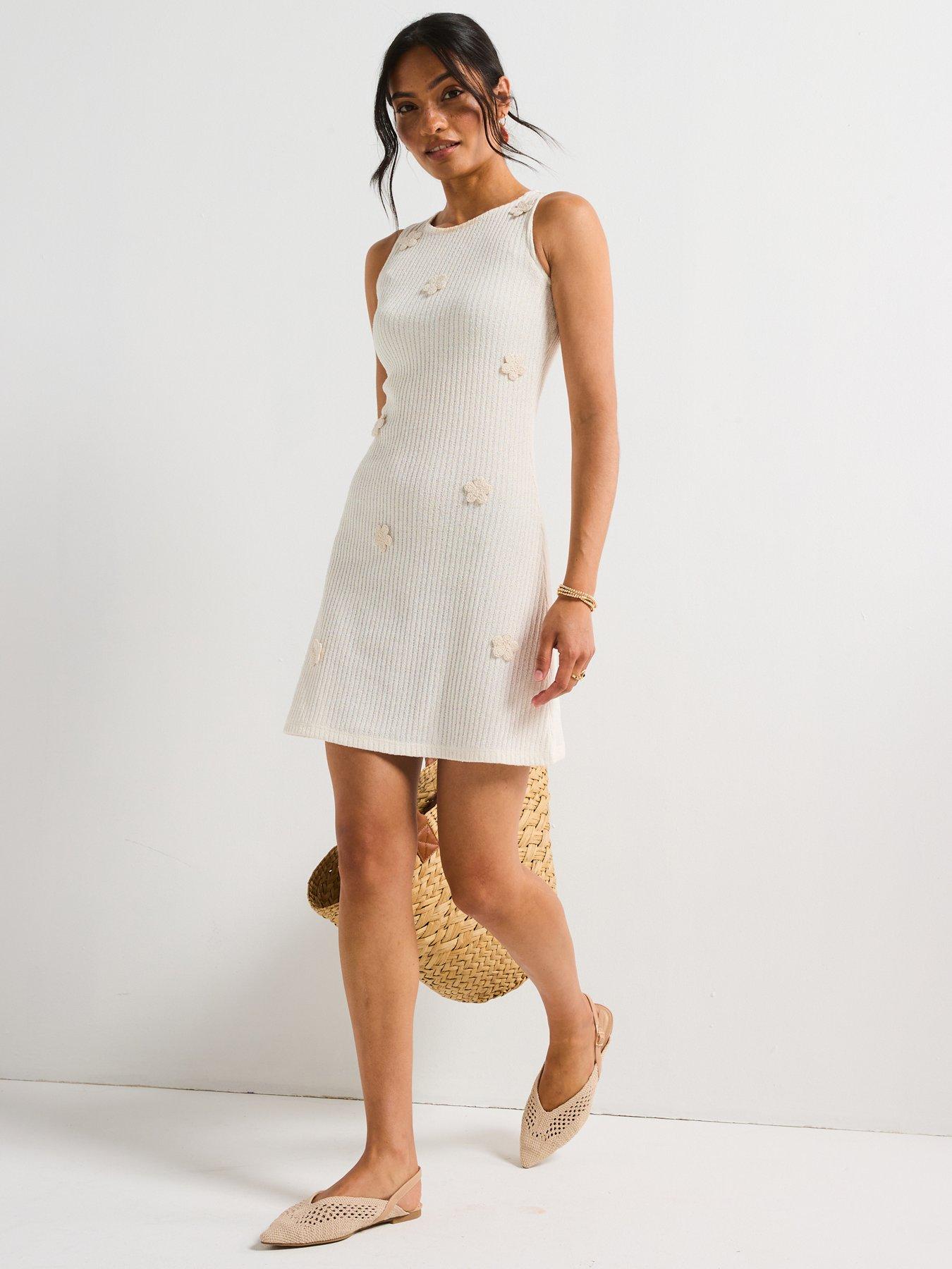 undefined Crochet Flower Mini Dress - Cream