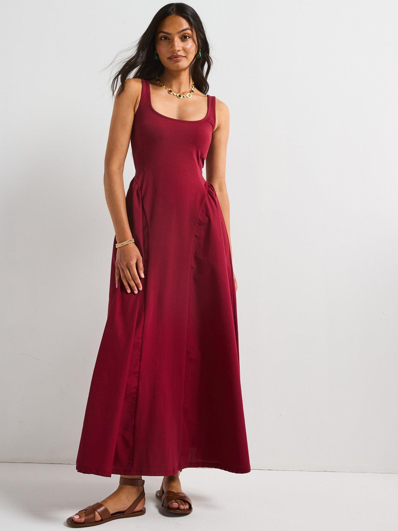 V by Very Woven Mix Midaxi Dress - Burgundy