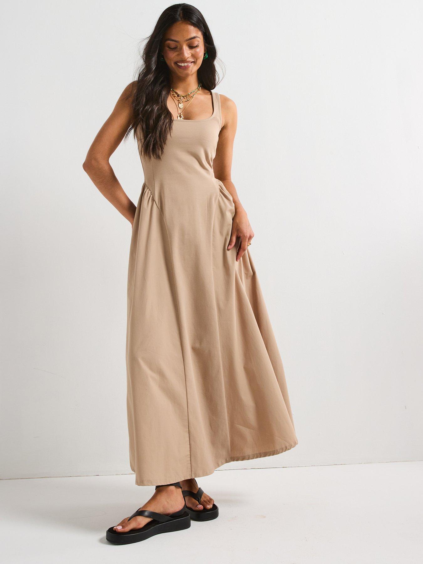 V by Very: Woven Mix Midaxi Dress - Taupe