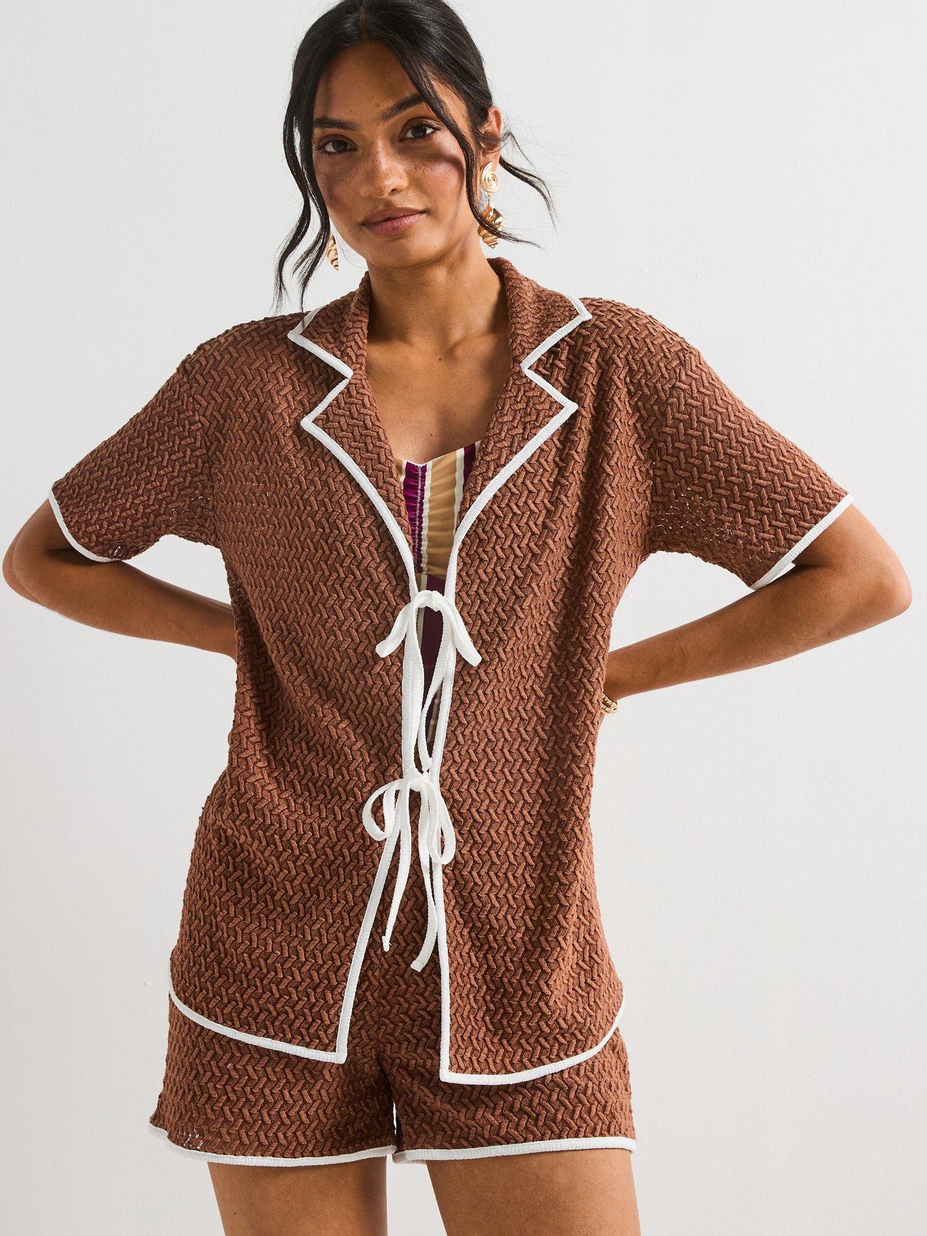 undefined Textured Tie Front Top Contrast Trim Co-Ord - Brown
