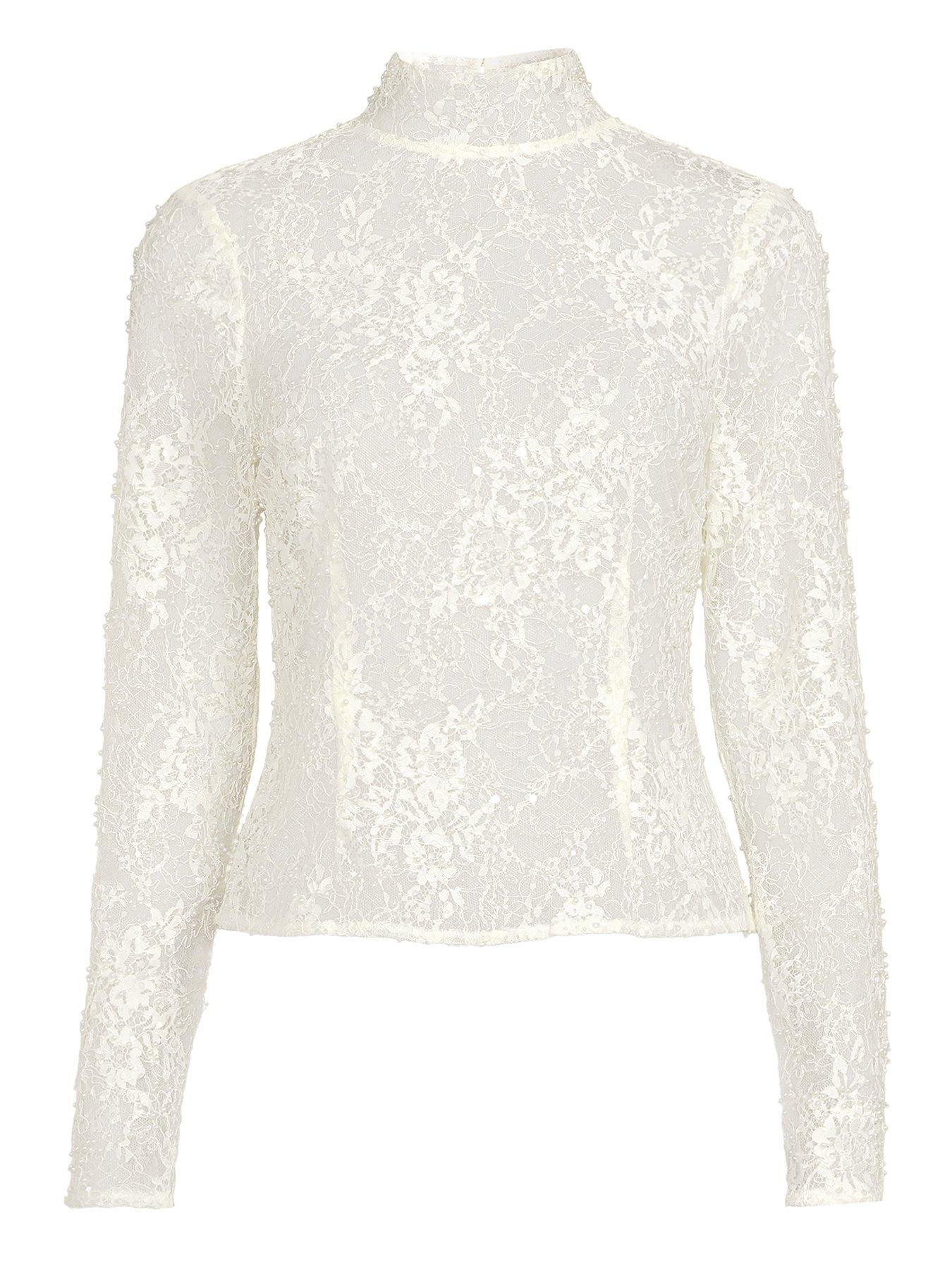 Image 4 of 4 of Michelle Keegan Lace Beaded High Neck Blouse - Cream