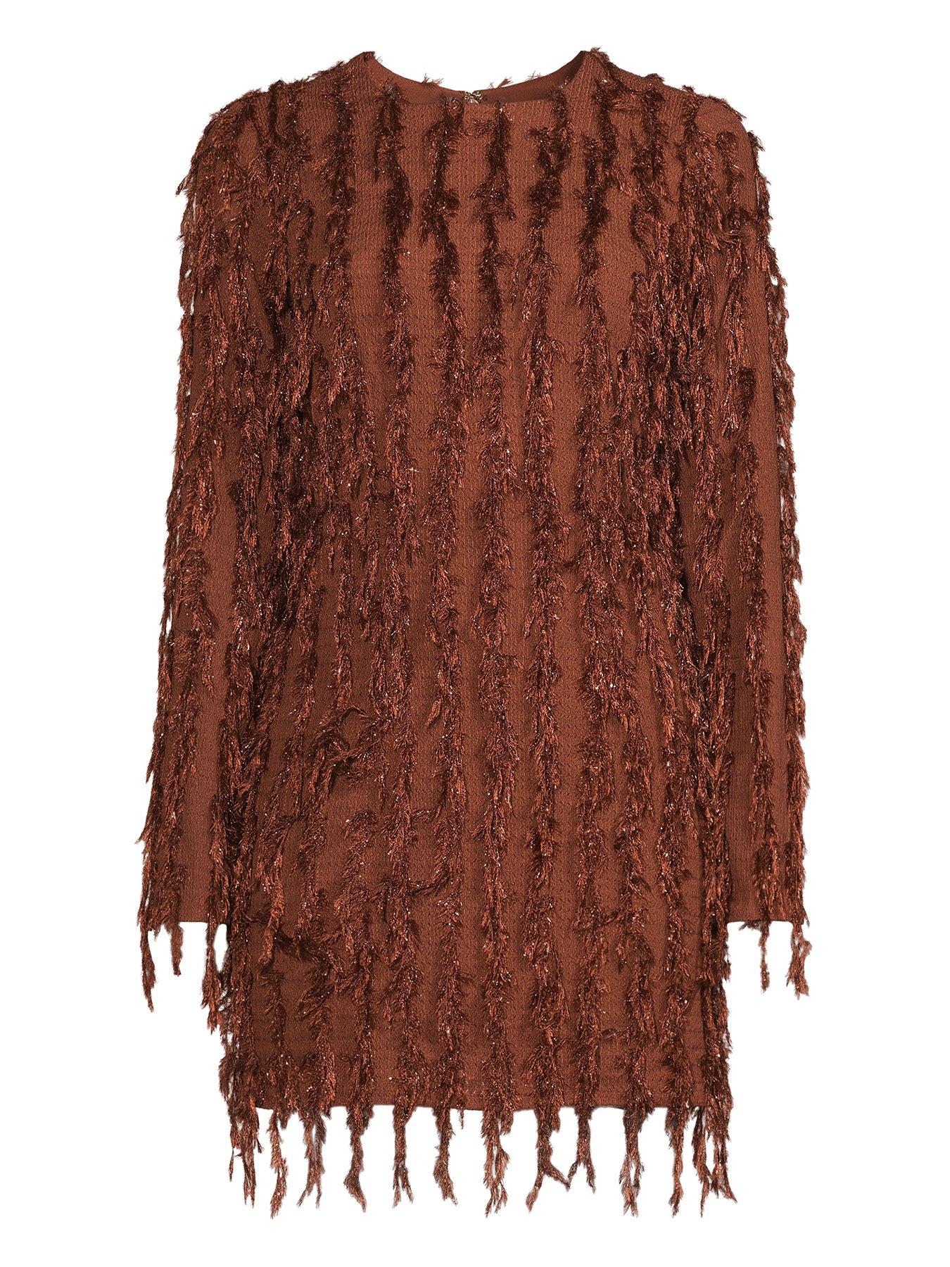 Image 4 of 4 of Michelle Keegan Fringe Long Sleeve Mini Dress - Brown