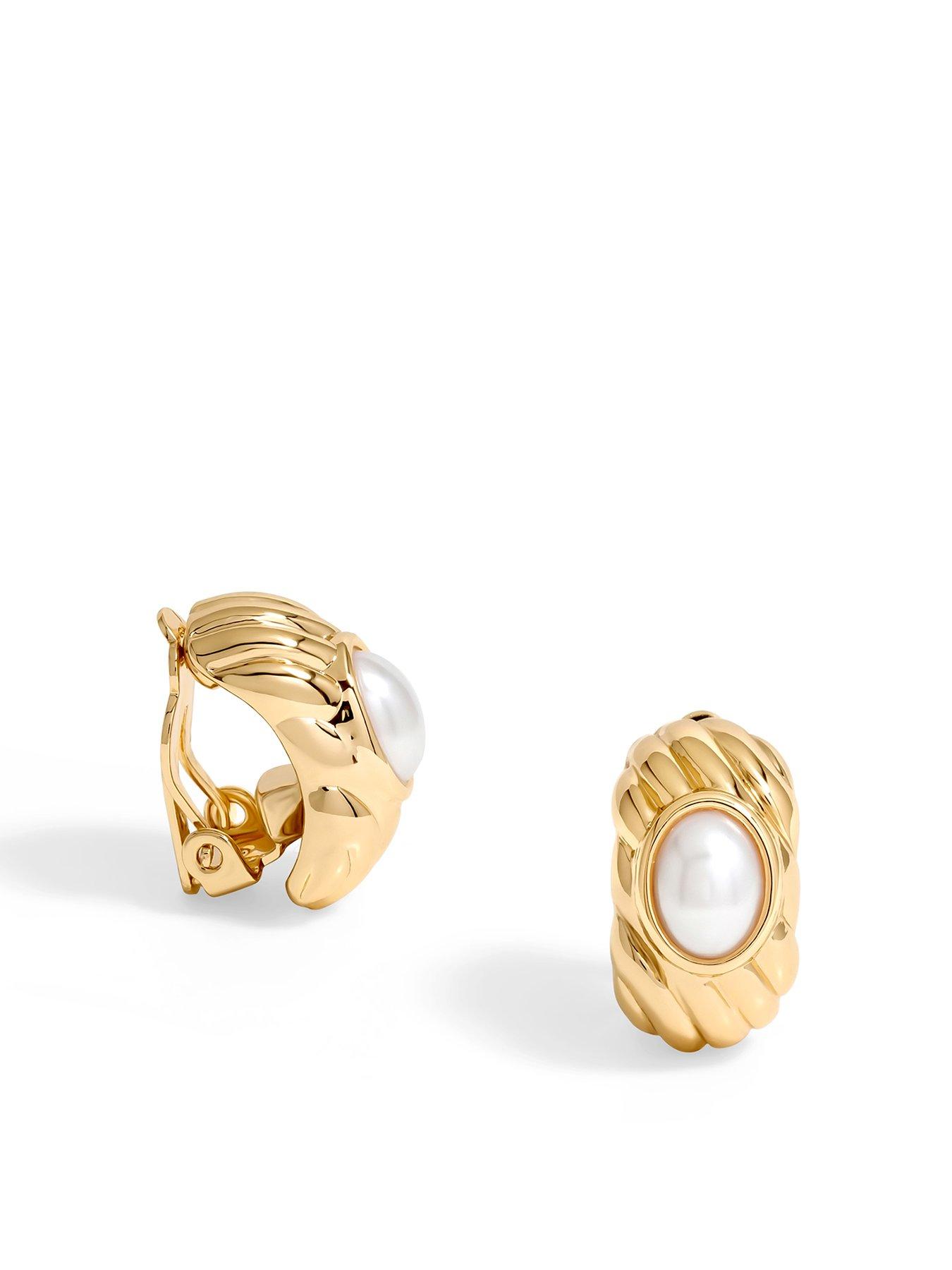 undefined Gold Plated Ridge Pearl Clip Earrings