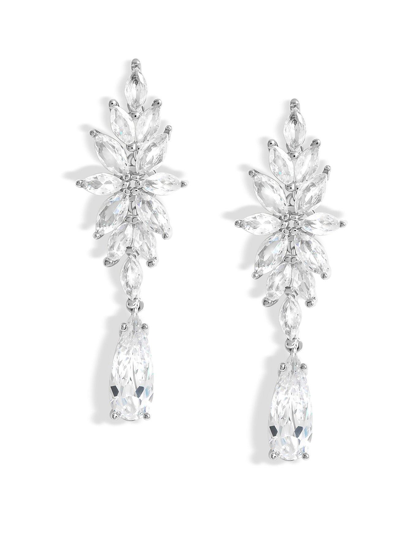 undefined Rhodium Plated Cubic Zirconia Floral Drop Earrings