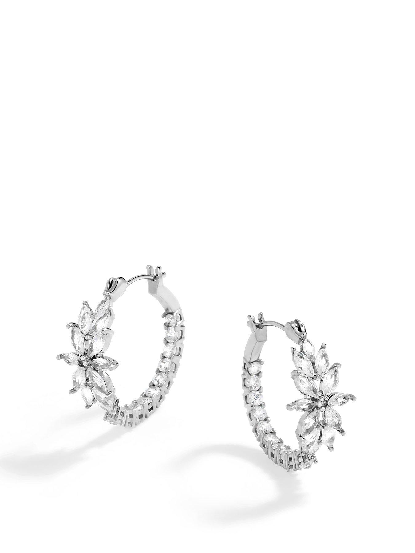 undefined Rhodium Plated Cubic Zirconia Floral Hoop Earrings