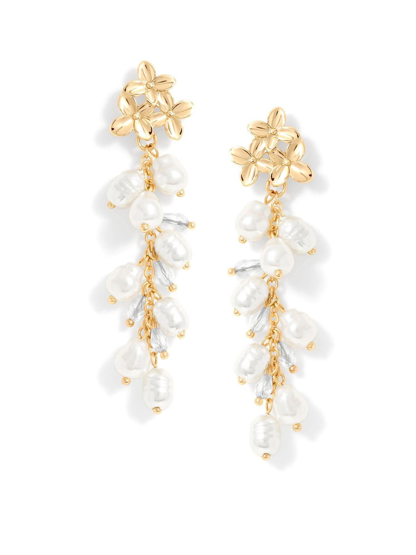 undefined Gold Triple Flower Pearl Cluster Drop Earrings
