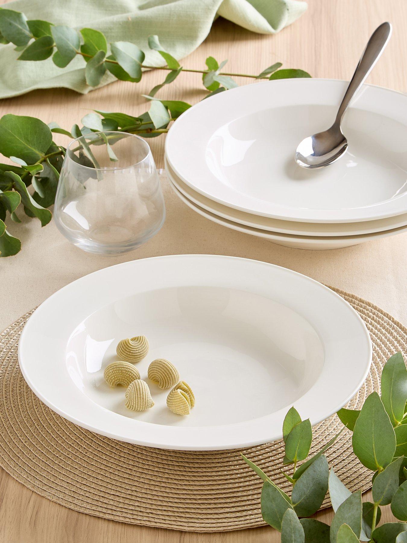 WATERSIDE Professional Alumina White Porcelain Rim 4-Piece Pasta Bowl Set