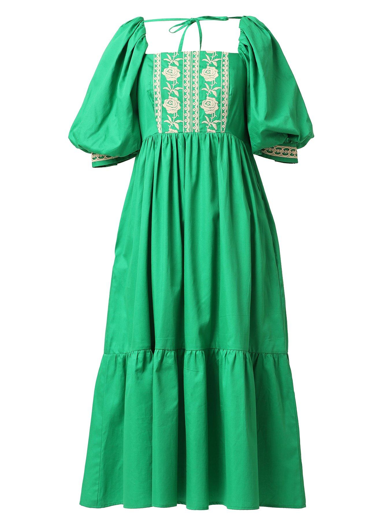 Emily Lovelock Jamie Embroidered Detail Tiered Midi Dress - Green