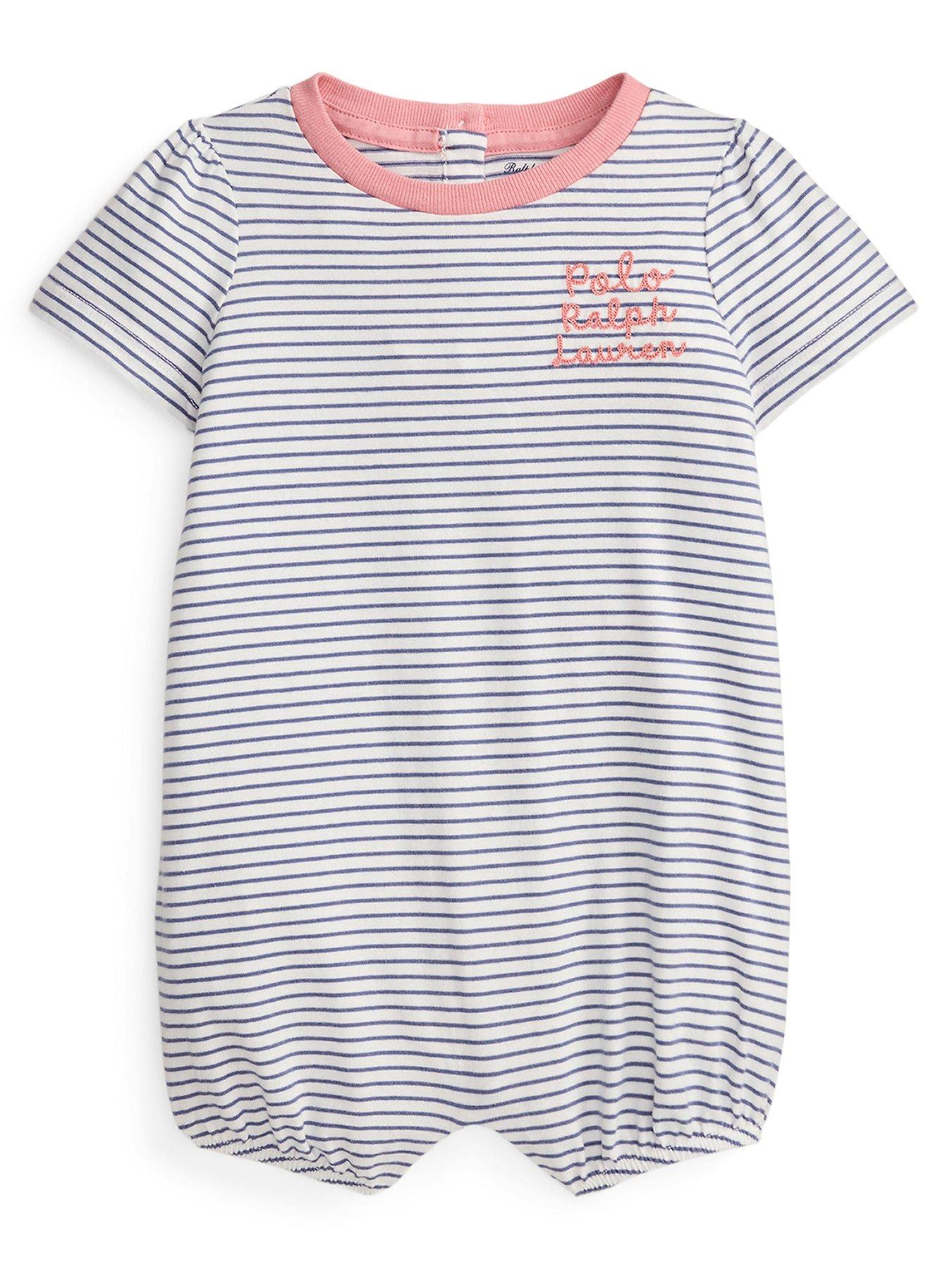 Image 1 of 3 of Polo Ralph Lauren Baby Girls Stripe Script Shortall - Blue