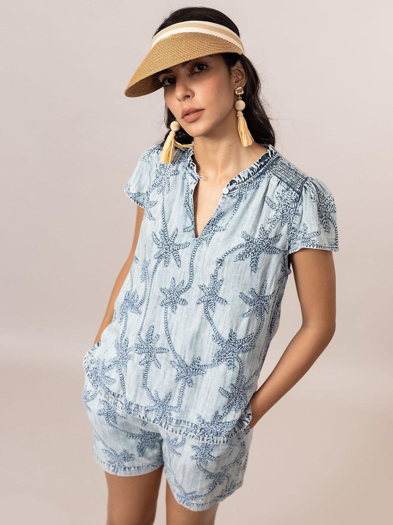 undefined Claire Palm Print Denim Top