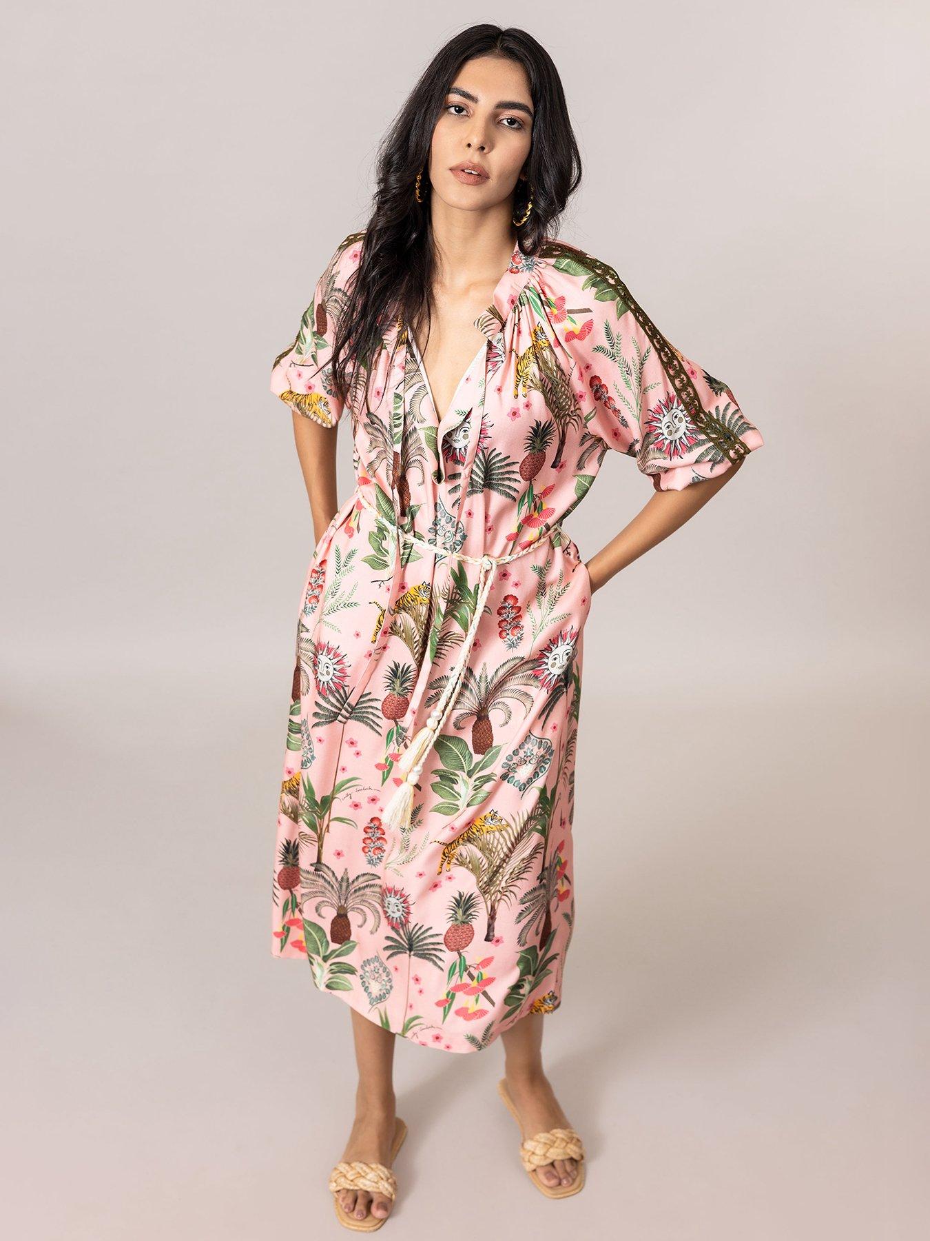 Emily Lovelock Elina Tropical Print Dress - Pink