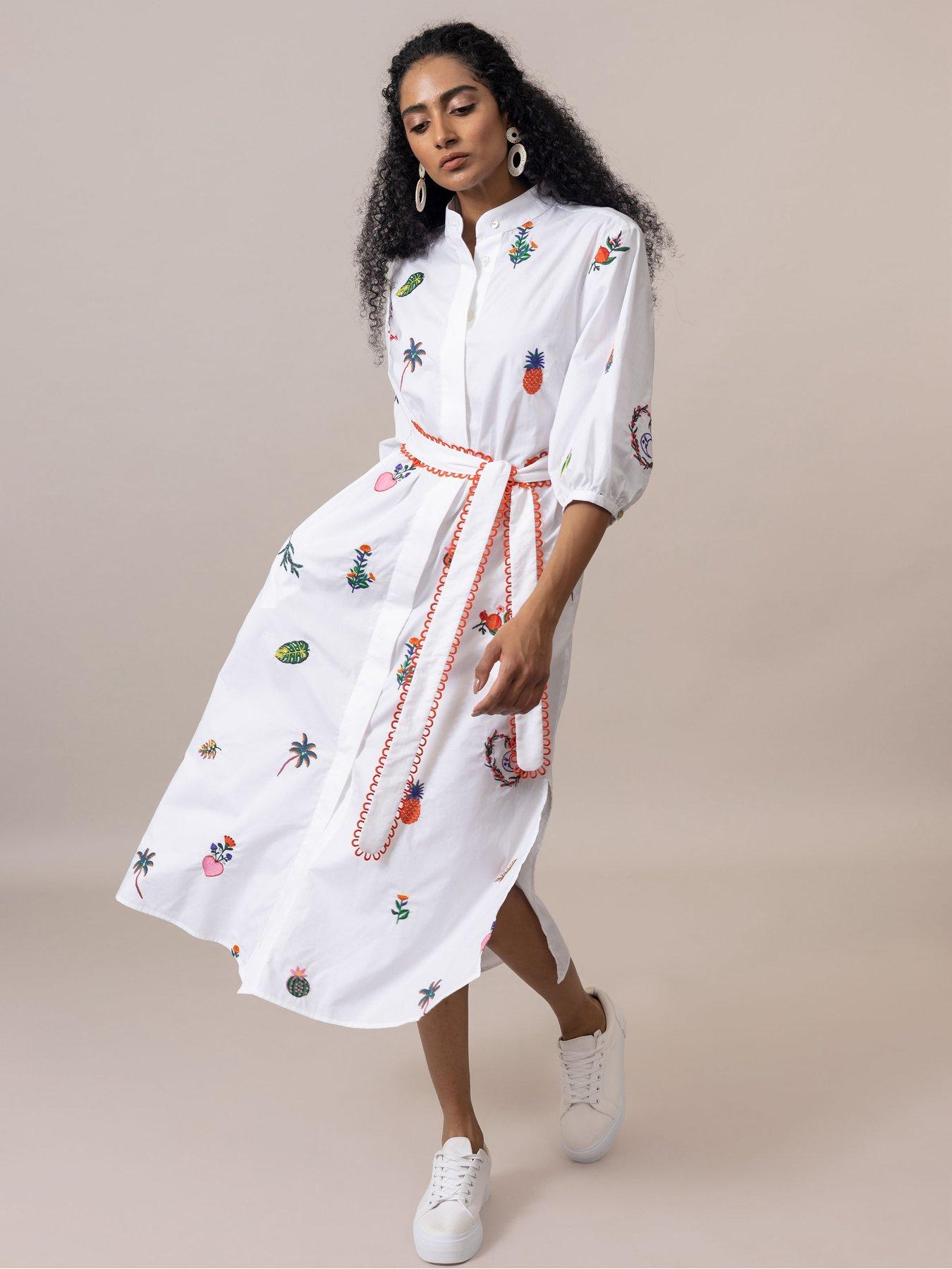 undefined Zora Embroidered Shirt Dress - White