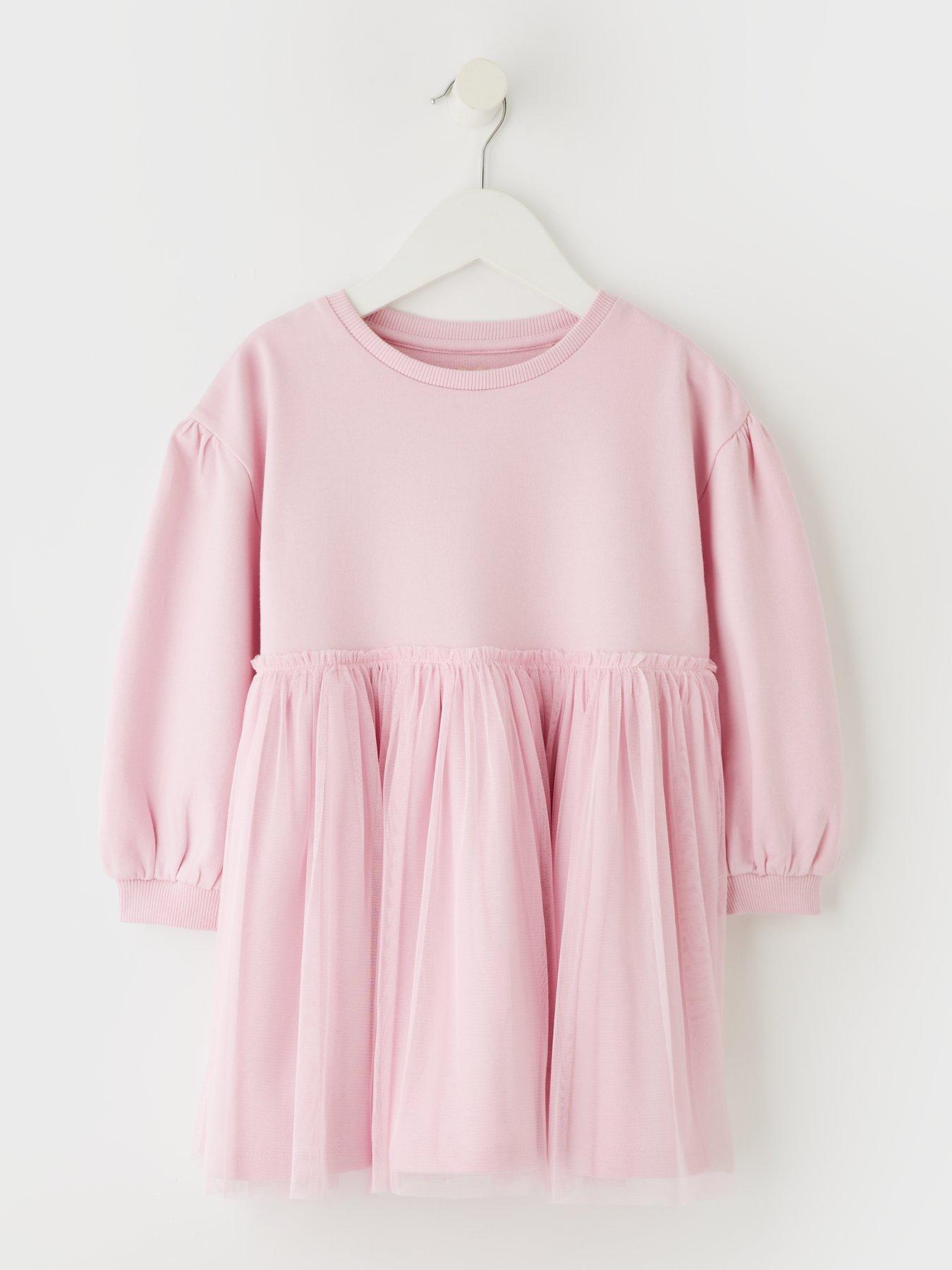 undefined Girls Dropped Shoulder Tulle Detail Dress - Pink