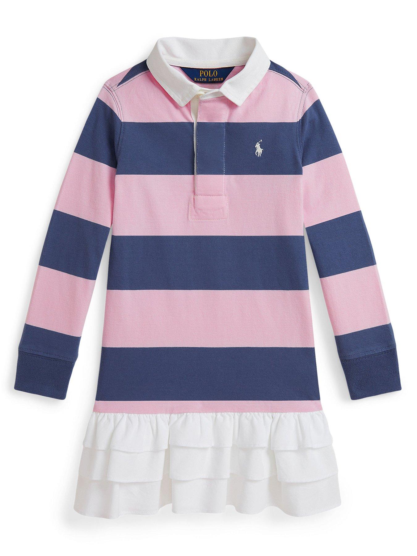 undefined Girls Stripe Long Sleeve Ruffle Hem Rugby Dress - Multi