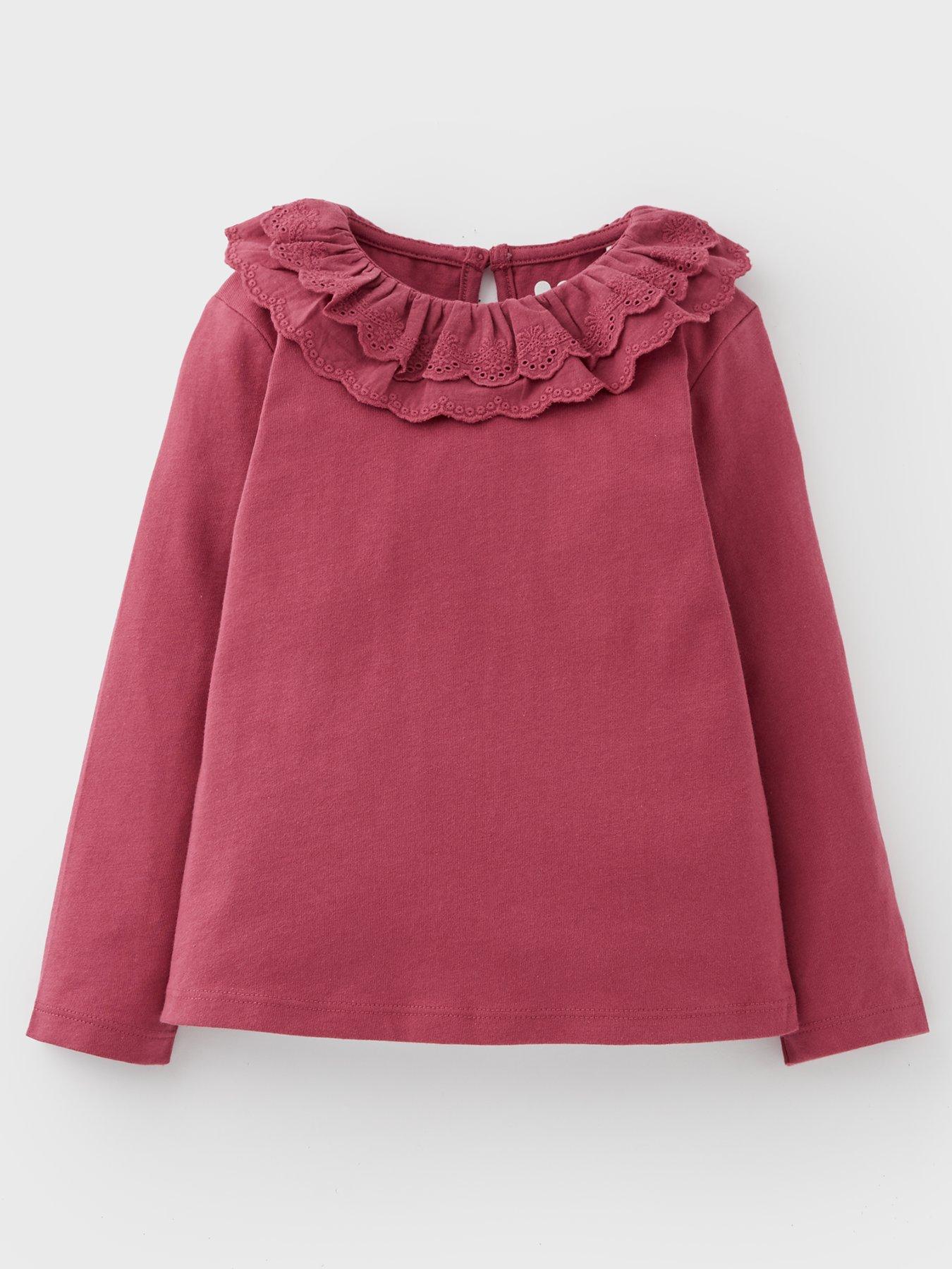 undefined Girls Broderie Frill Collar Long Sleeve T-shirt - Pink