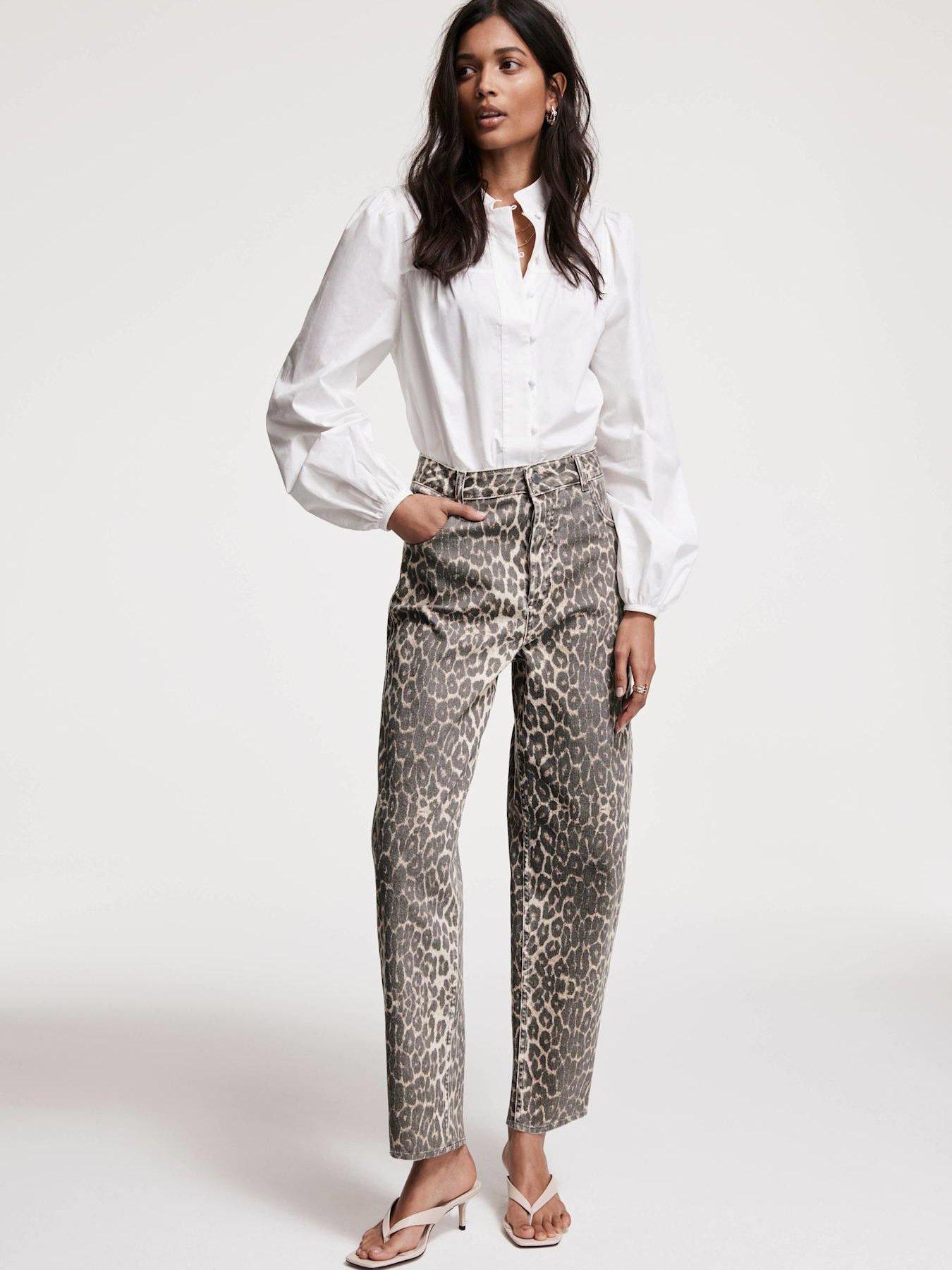undefined Leopard Print Tapered Jeans - Beige