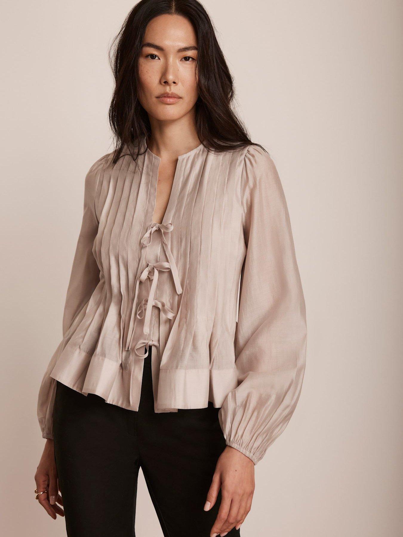 undefined Neutral Tie Front Pleated Blouse - Beige