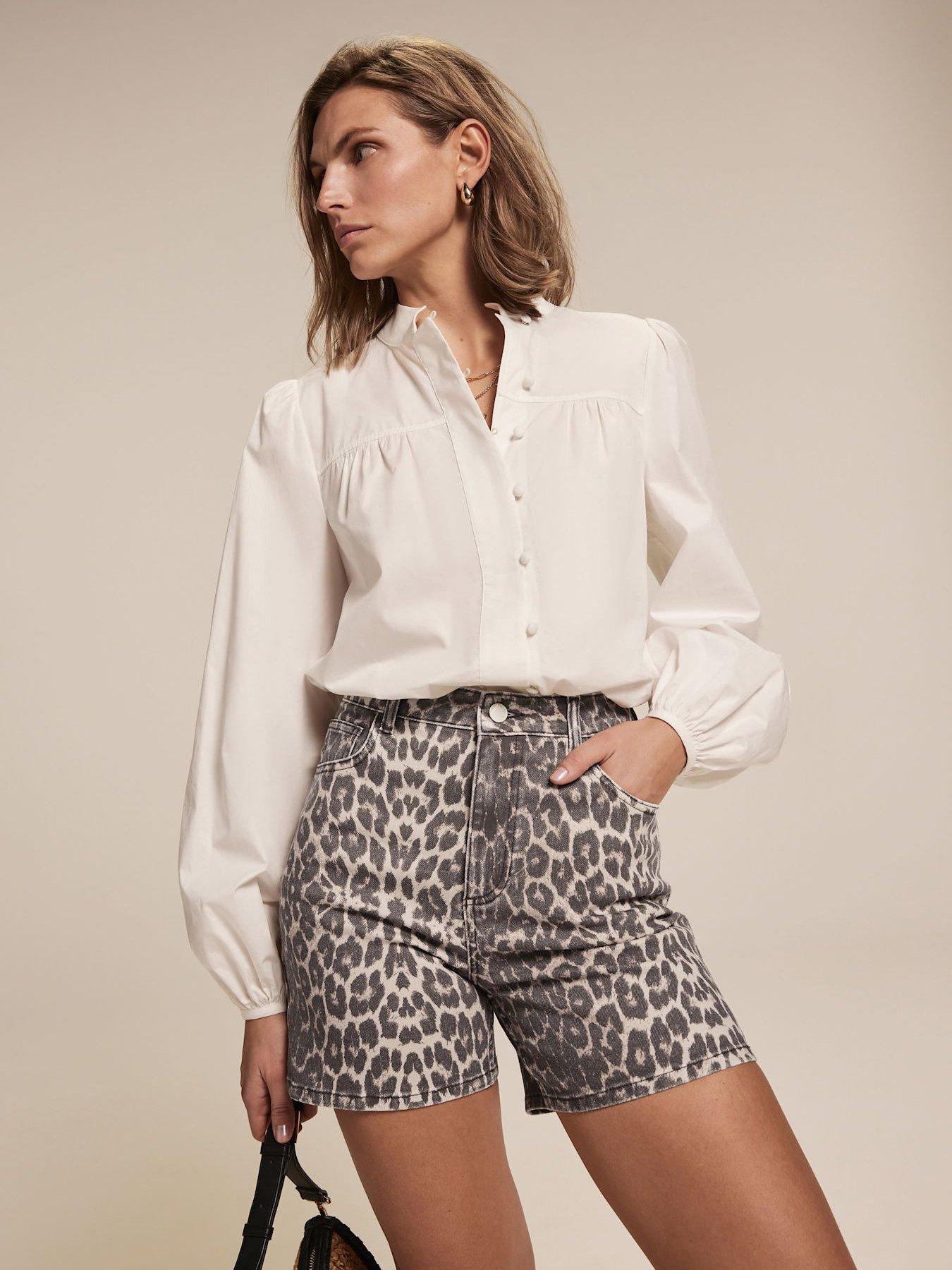 Mint Velvet Neutral Leopard Print Denim Shorts - Beige | Very
