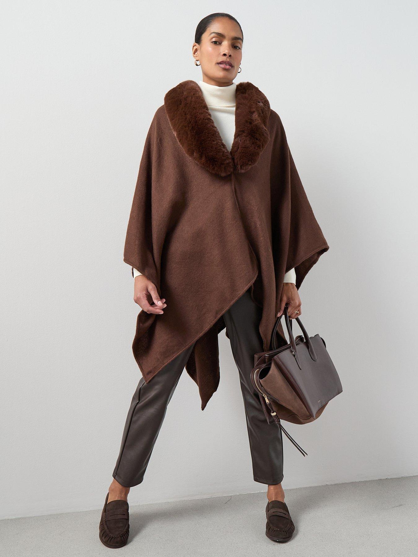Image 1 of 7 of The Very Collection Faux Fur Trim Wrap - Brown