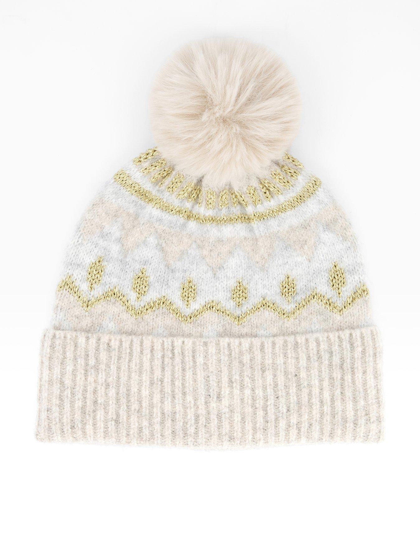 The Very Collection Fairisle Beanie With Faux Fur Pom - Beige