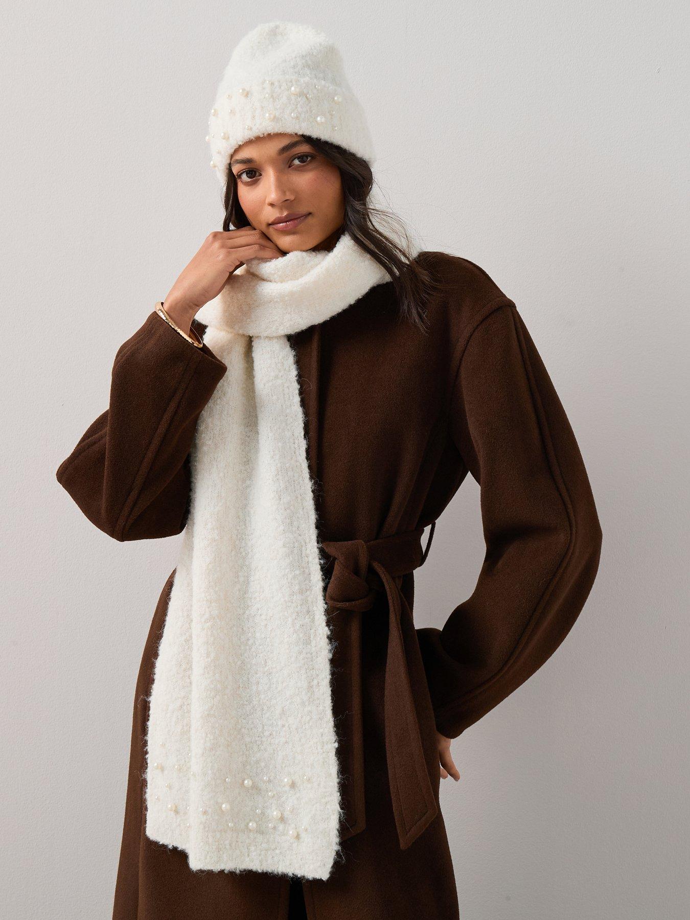 The Very Collection Brushed Pearl Trim Hat And Scarf Set - Cream