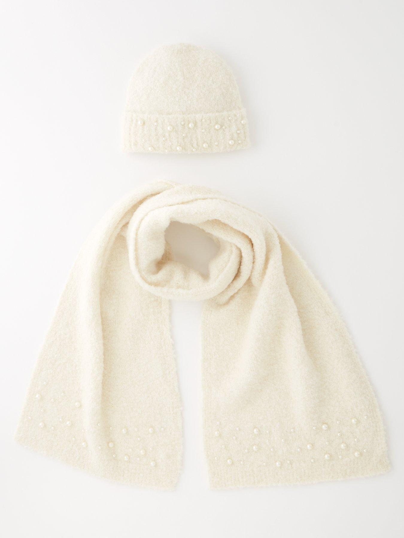 The Very Collection Brushed Pearl Trim Hat And Scarf Set - Cream