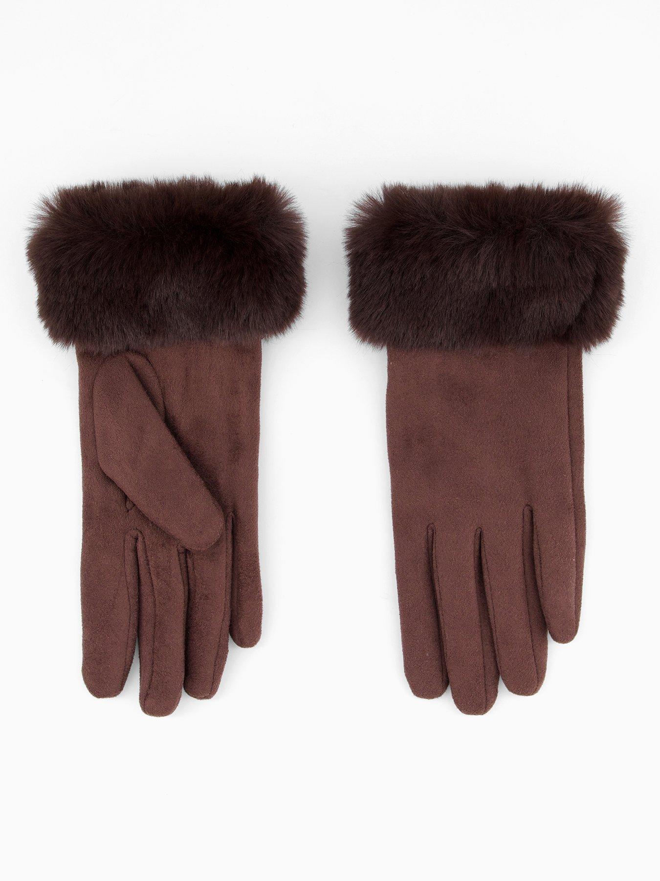 The Very Collection Suedette Faux Fur Trim Gloves - Chocolate