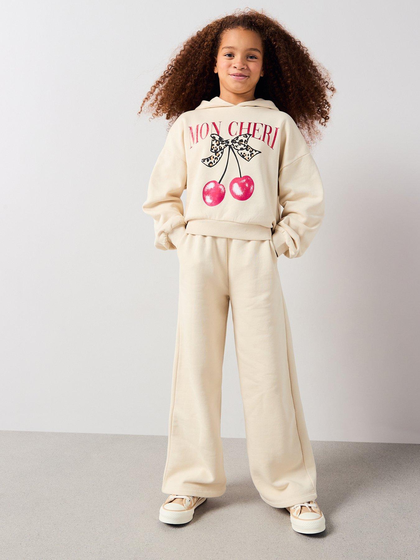 V by Very Girls Cherry Print Slogan Sweat With Wide Leg Joggers - Multi
