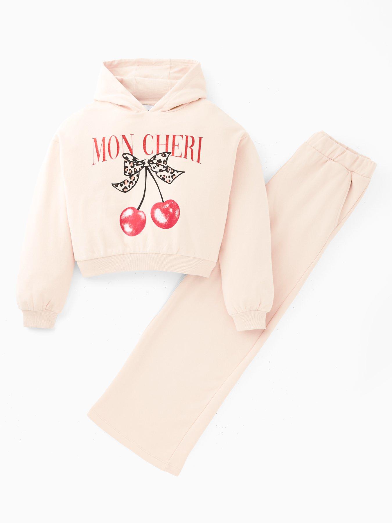 Image 6 of 6 of V by Very Girls Cherry Print Slogan Sweat With Wide Leg Joggers - Multi