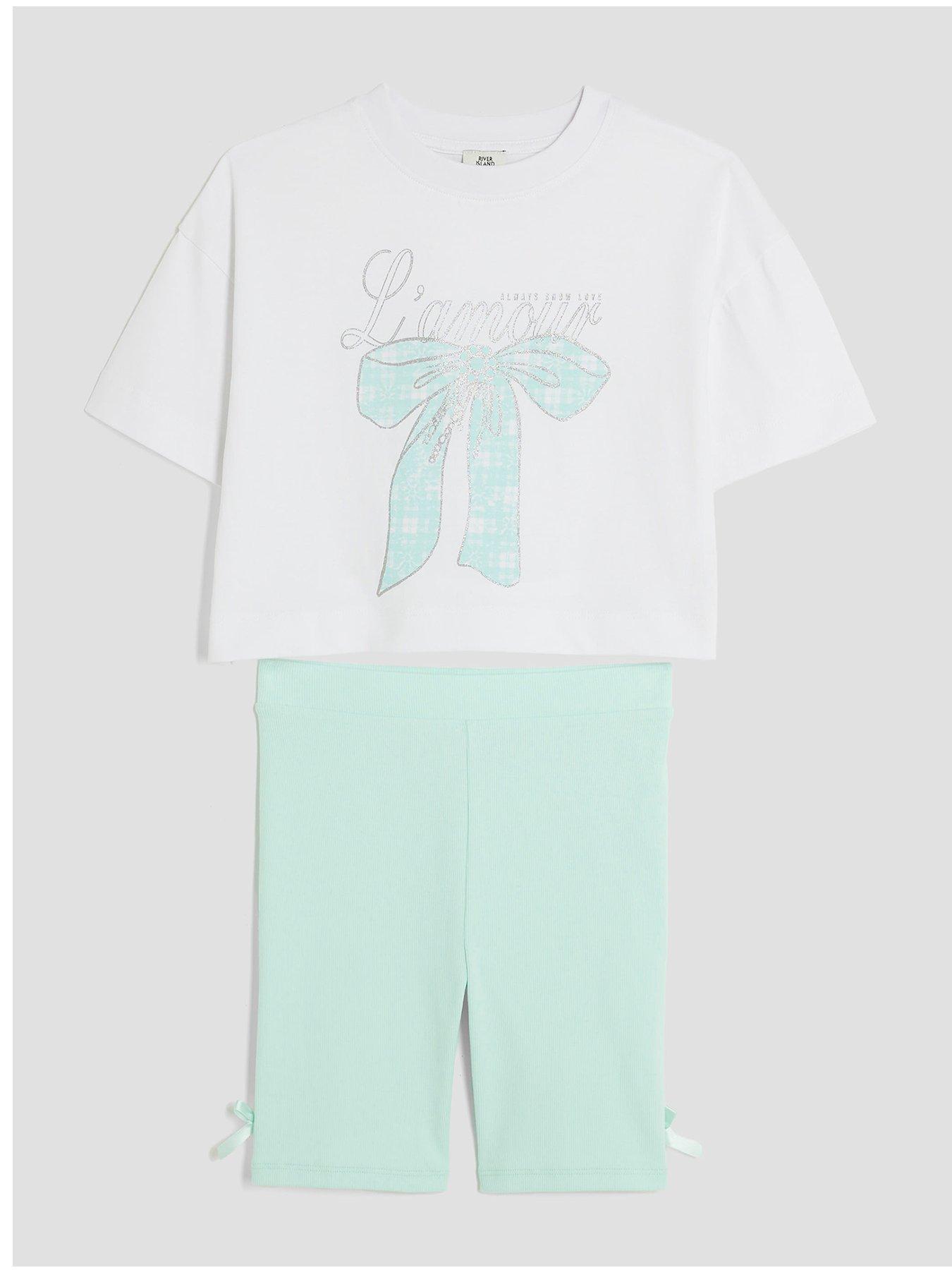 undefined Older Girls Gingham Bow T-shirt Set - Blue