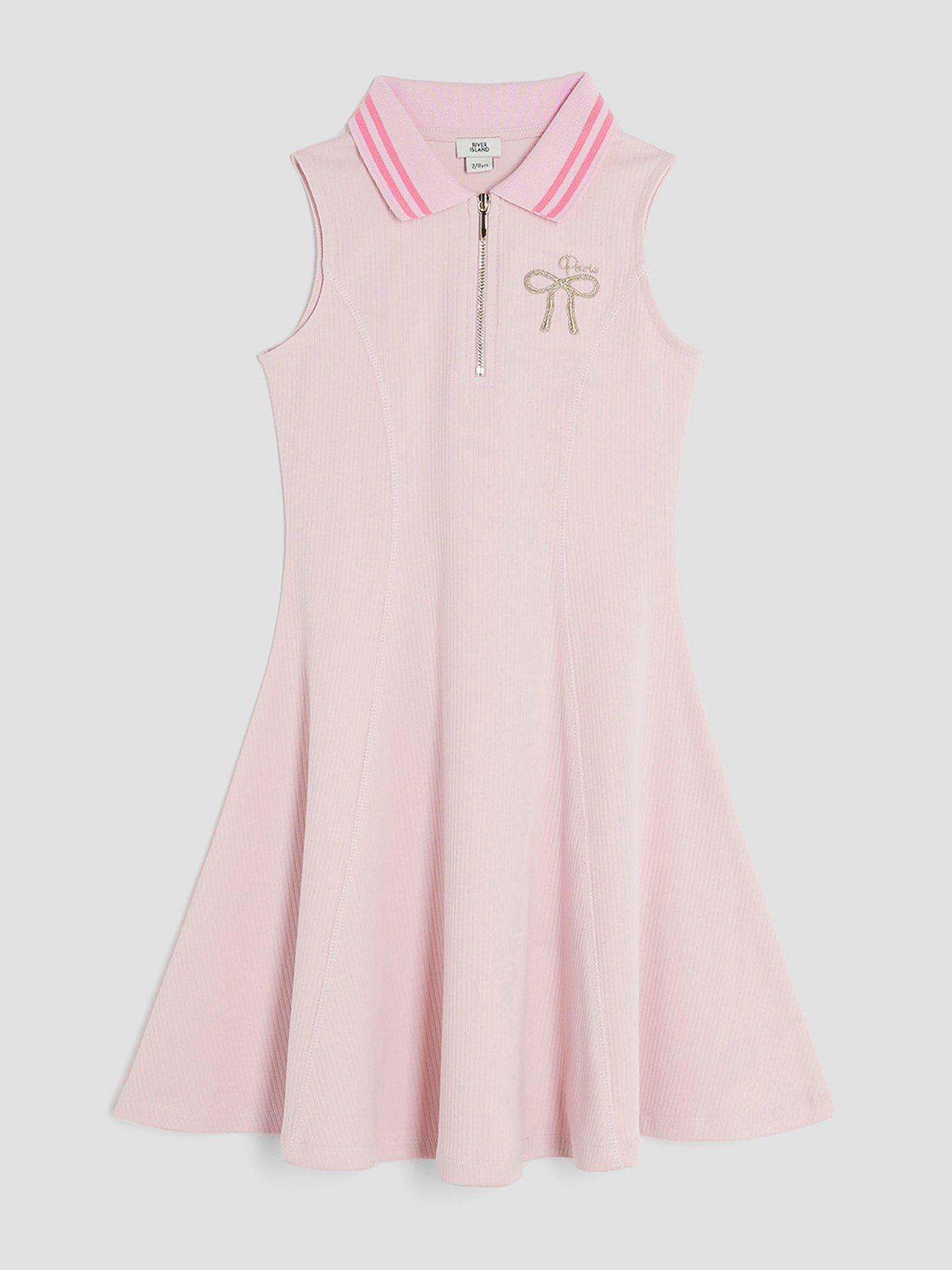 undefined Older Girl Sleeveless Bow Polo Collar Dress - Pink