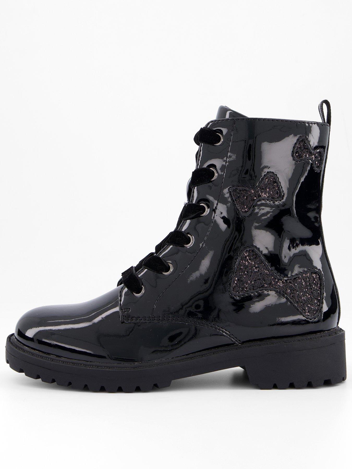The Very Collection Girls Glitter Bow Detail Patent Zip Up Boot - Black