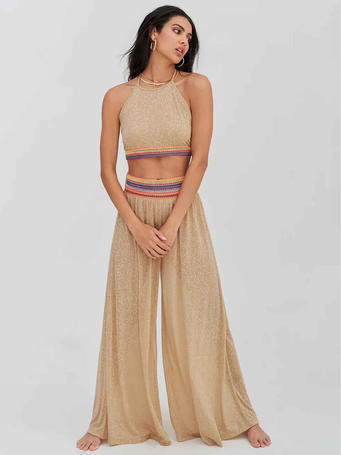 undefined Halter Top  &  Wide Leg Pants Set - Nude