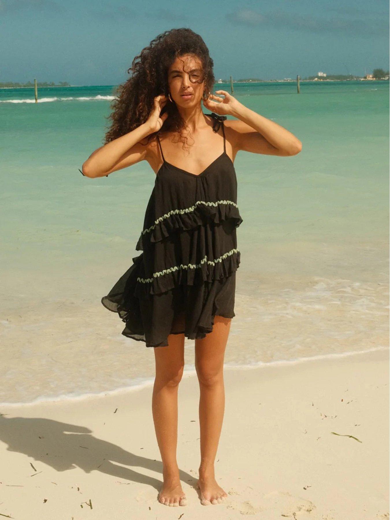 PITUSA Beaded Ruffle Tiered Mini Beach Dress - Black