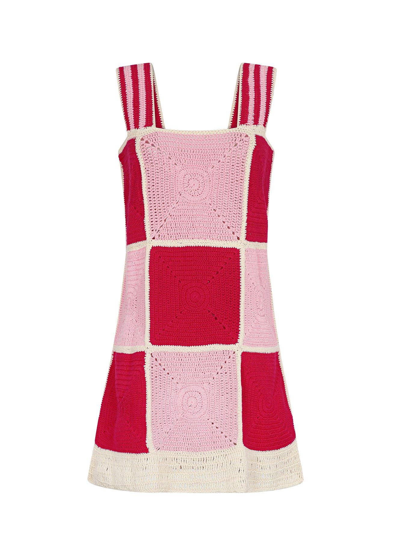 undefined Crochet Chekered Lightweight Mini Dress - Pink