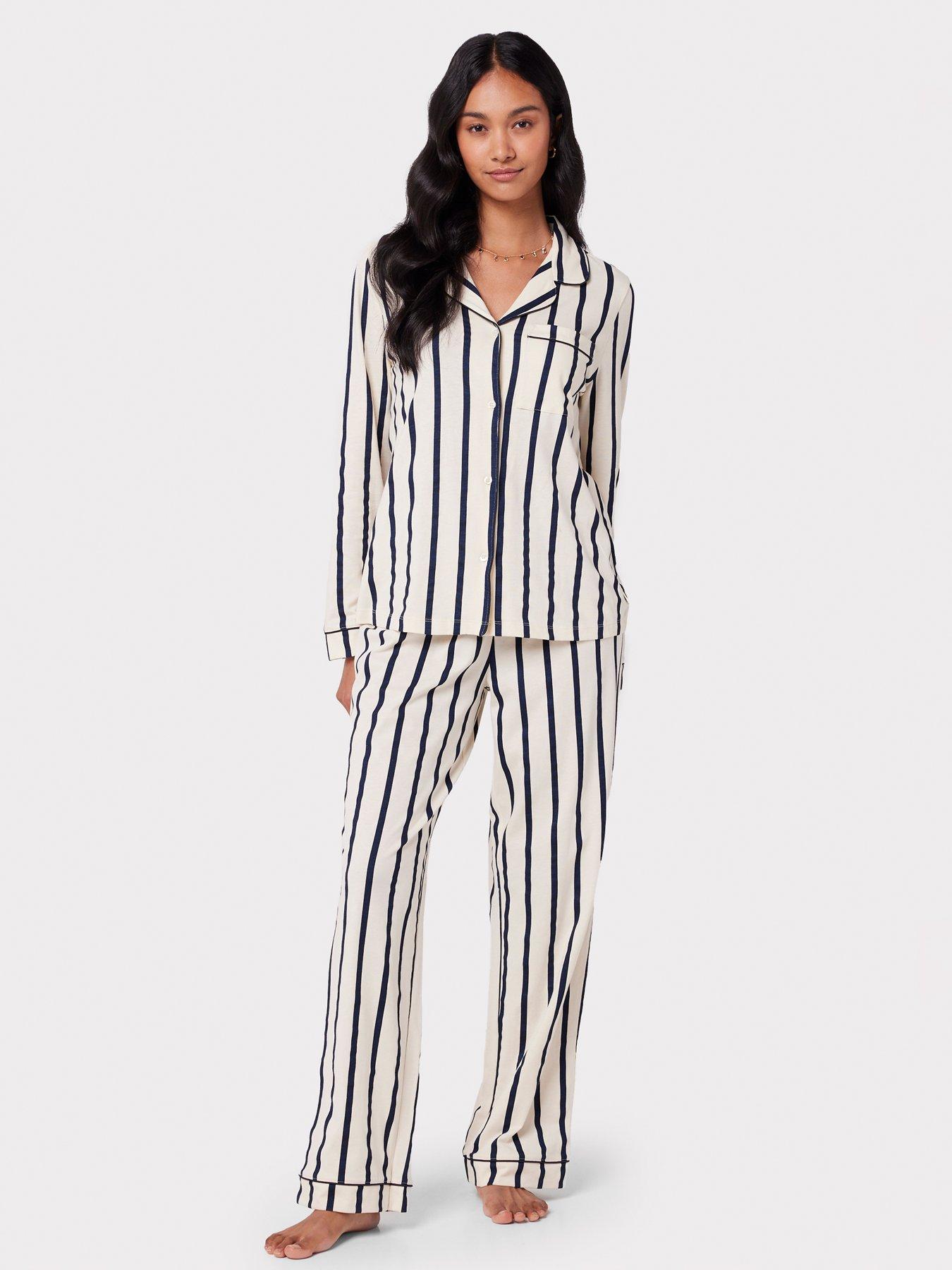 Image 1 of 5 of CHELSEA PEERS Cotton Cream &amp; Navy Stripe Print Long Pyjama Set