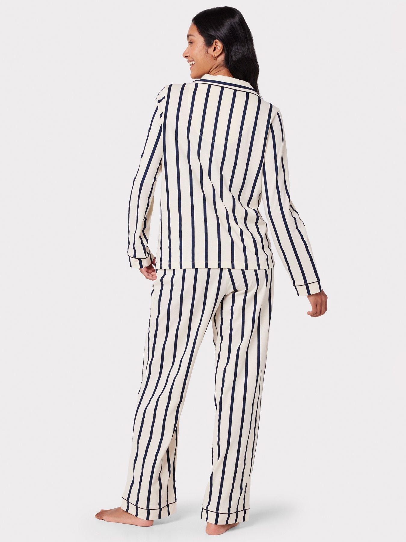 Image 2 of 5 of CHELSEA PEERS Cotton Cream &amp; Navy Stripe Print Long Pyjama Set
