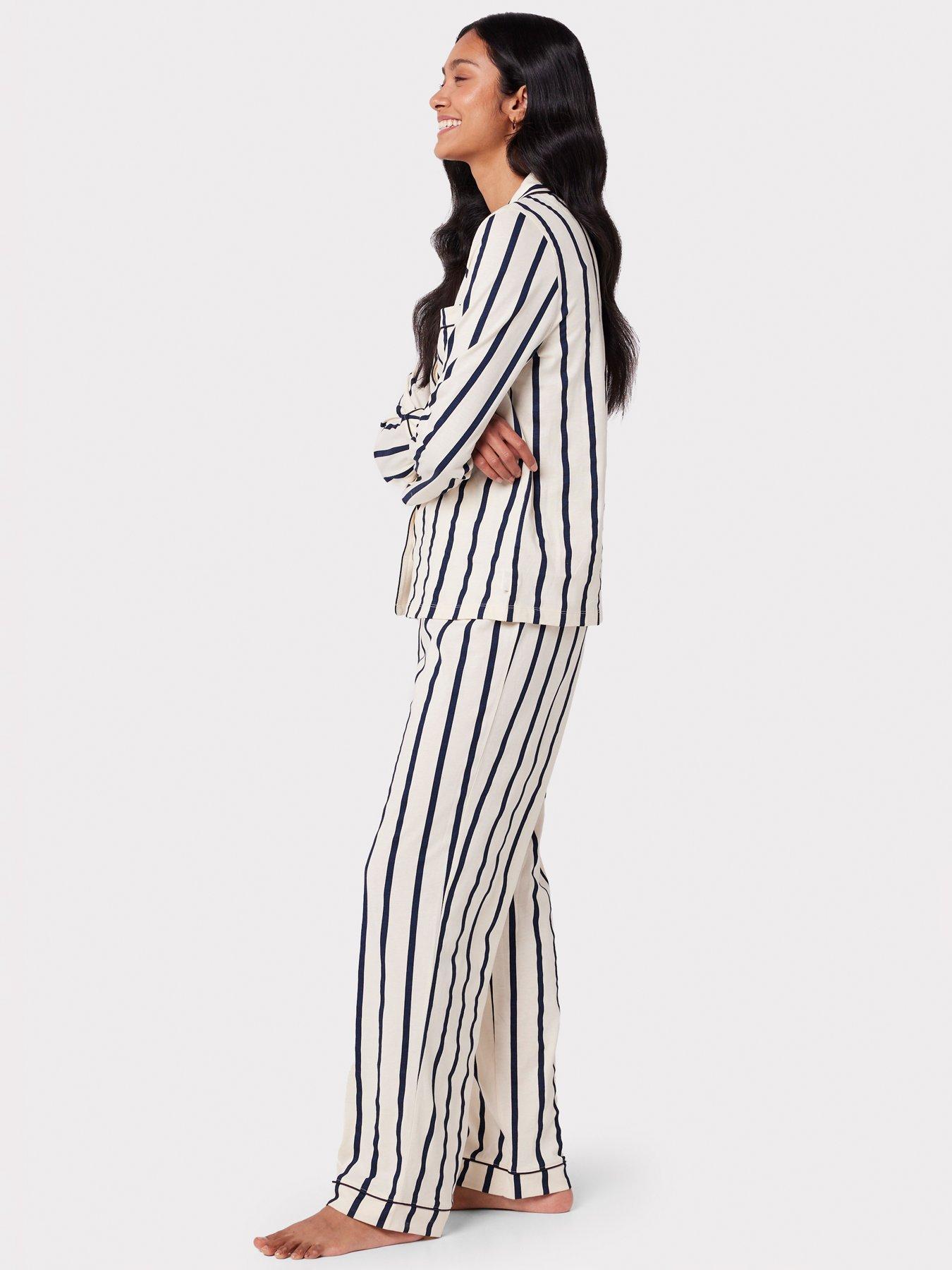 Image 3 of 5 of CHELSEA PEERS Cotton Cream &amp; Navy Stripe Print Long Pyjama Set