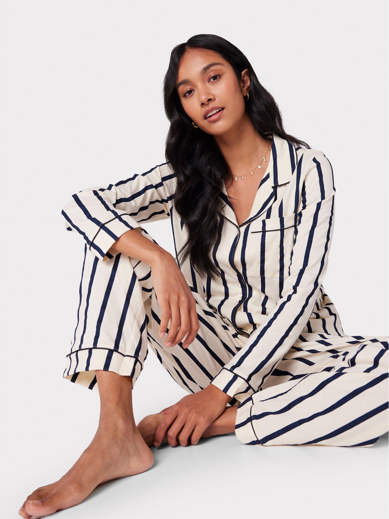 Image 4 of 5 of CHELSEA PEERS Cotton Cream &amp; Navy Stripe Print Long Pyjama Set