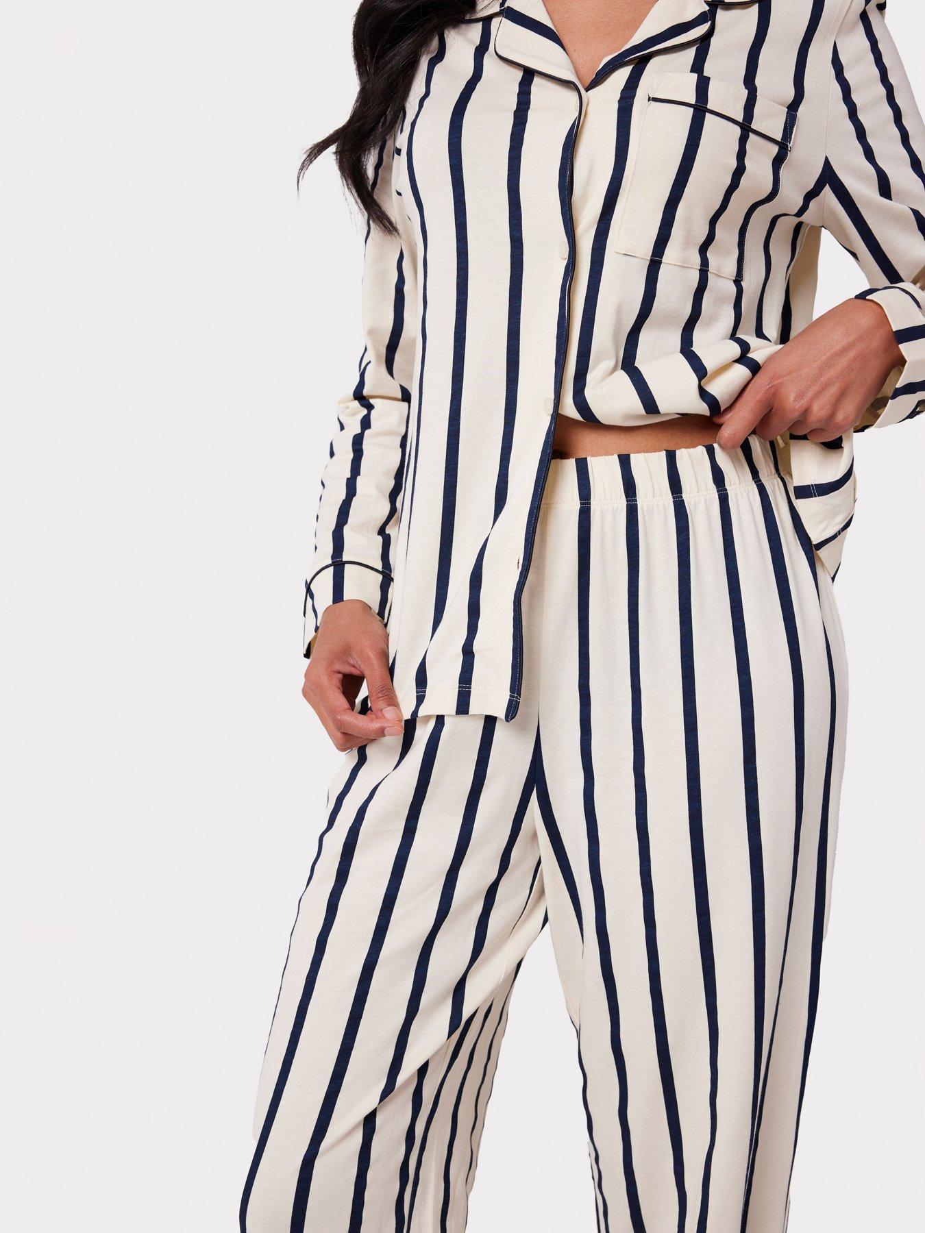 Image 5 of 5 of CHELSEA PEERS Cotton Cream &amp; Navy Stripe Print Long Pyjama Set