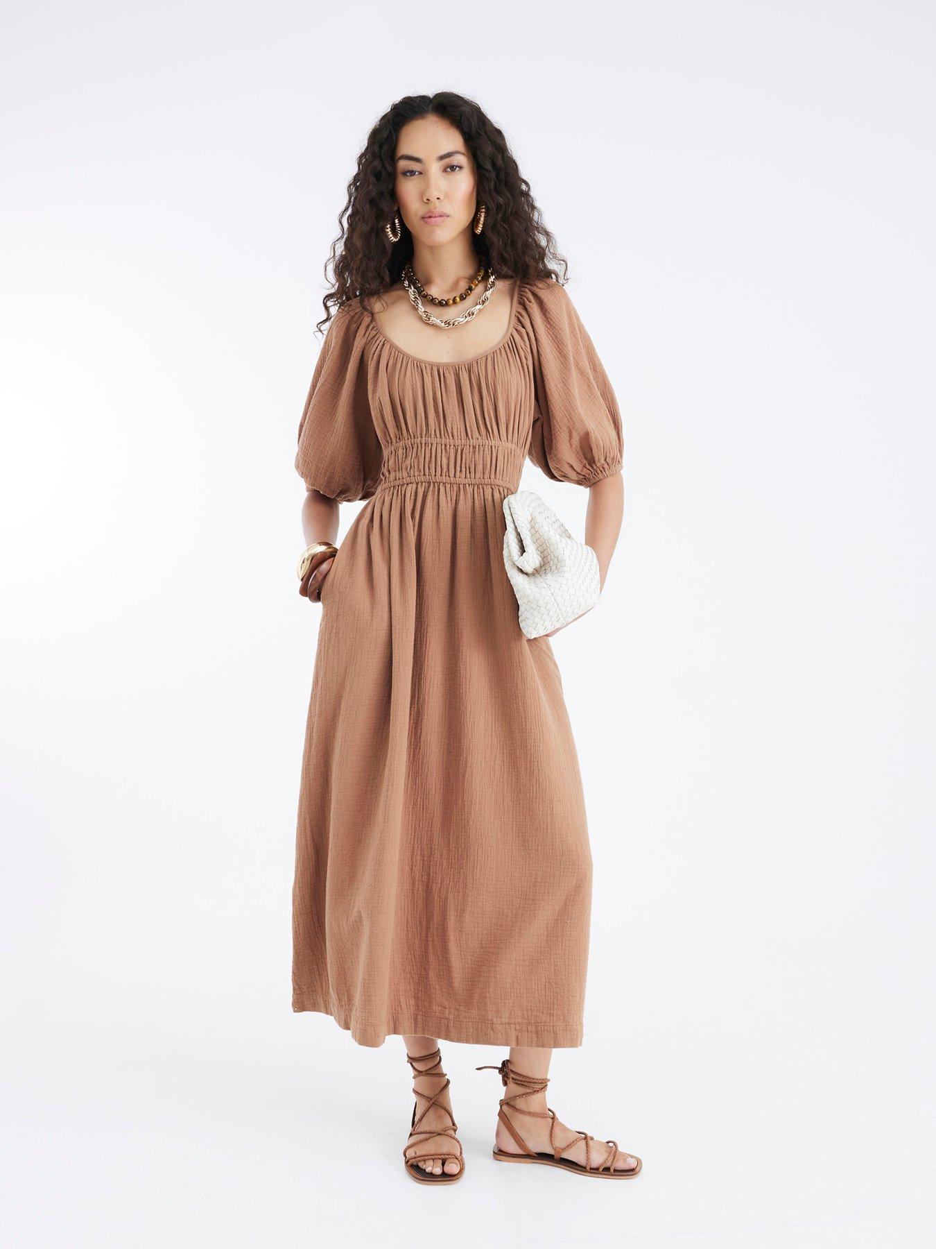 undefined Short Sleeve Double Faced Midi - Brown