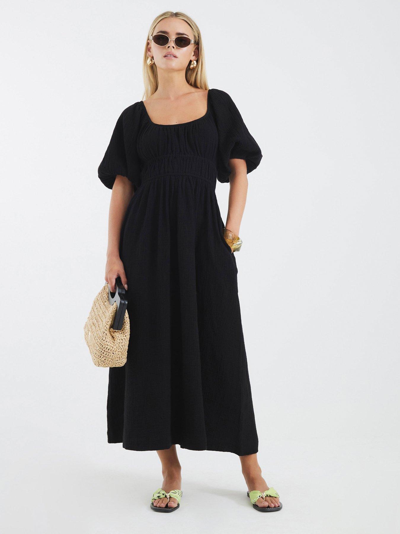 river-island-petite-short-sleeve-linen-midi-dress-black
