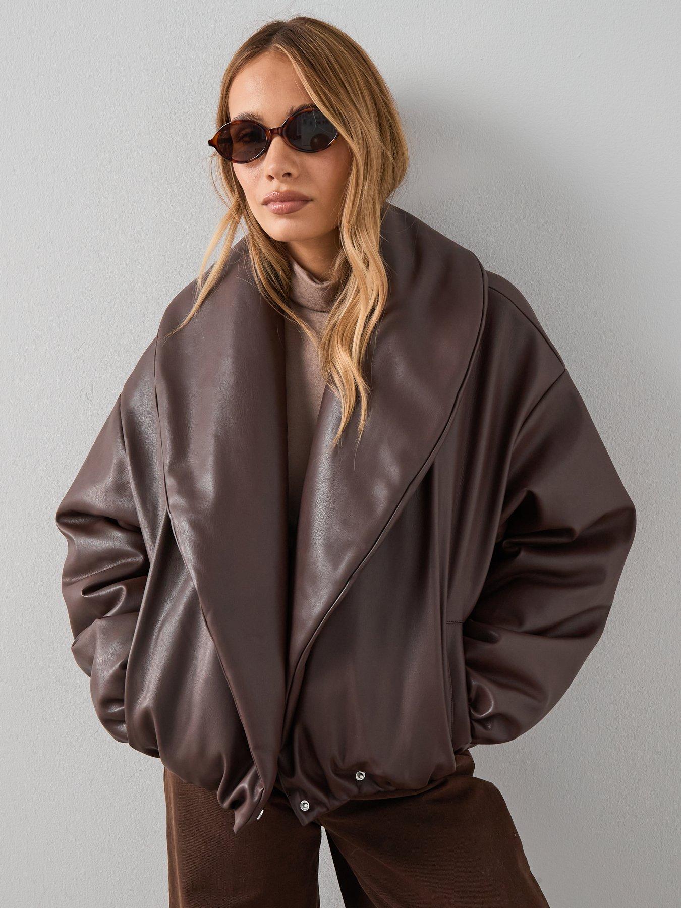 The Very Collection Faux Leather Shawl Collar Padded Coat - Burgundy