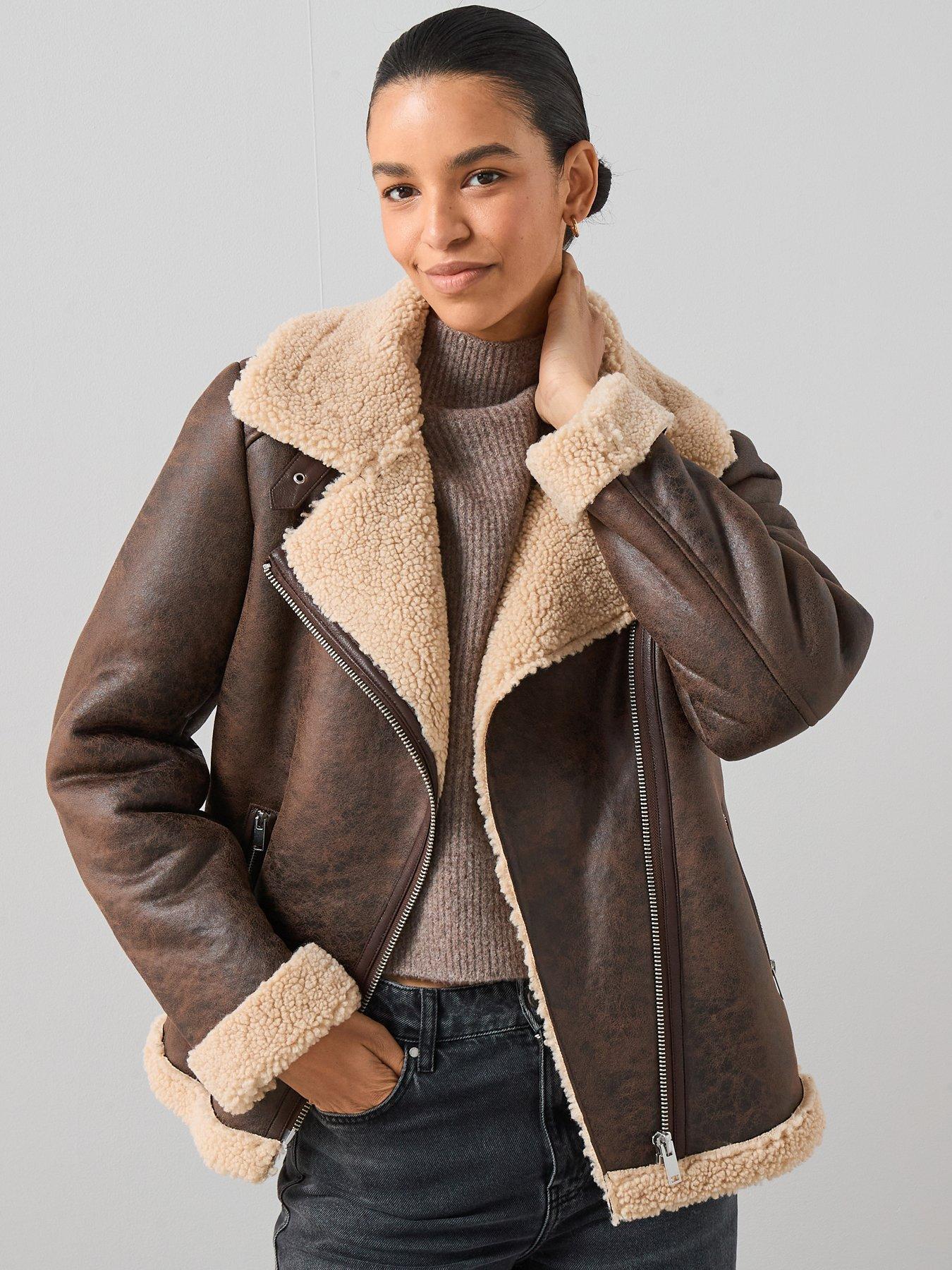 The Very Collection Faux Shearling Distressed Aviator Jacket - Brown