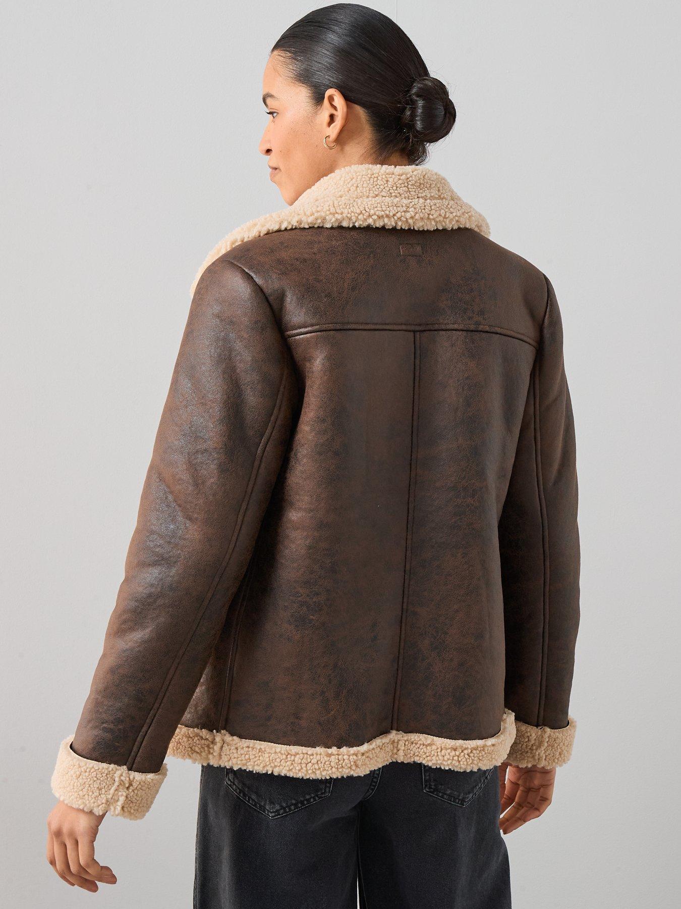 Image 2 of 6 of The Very Collection Faux Shearling Distressed Aviator Jacket - Brown