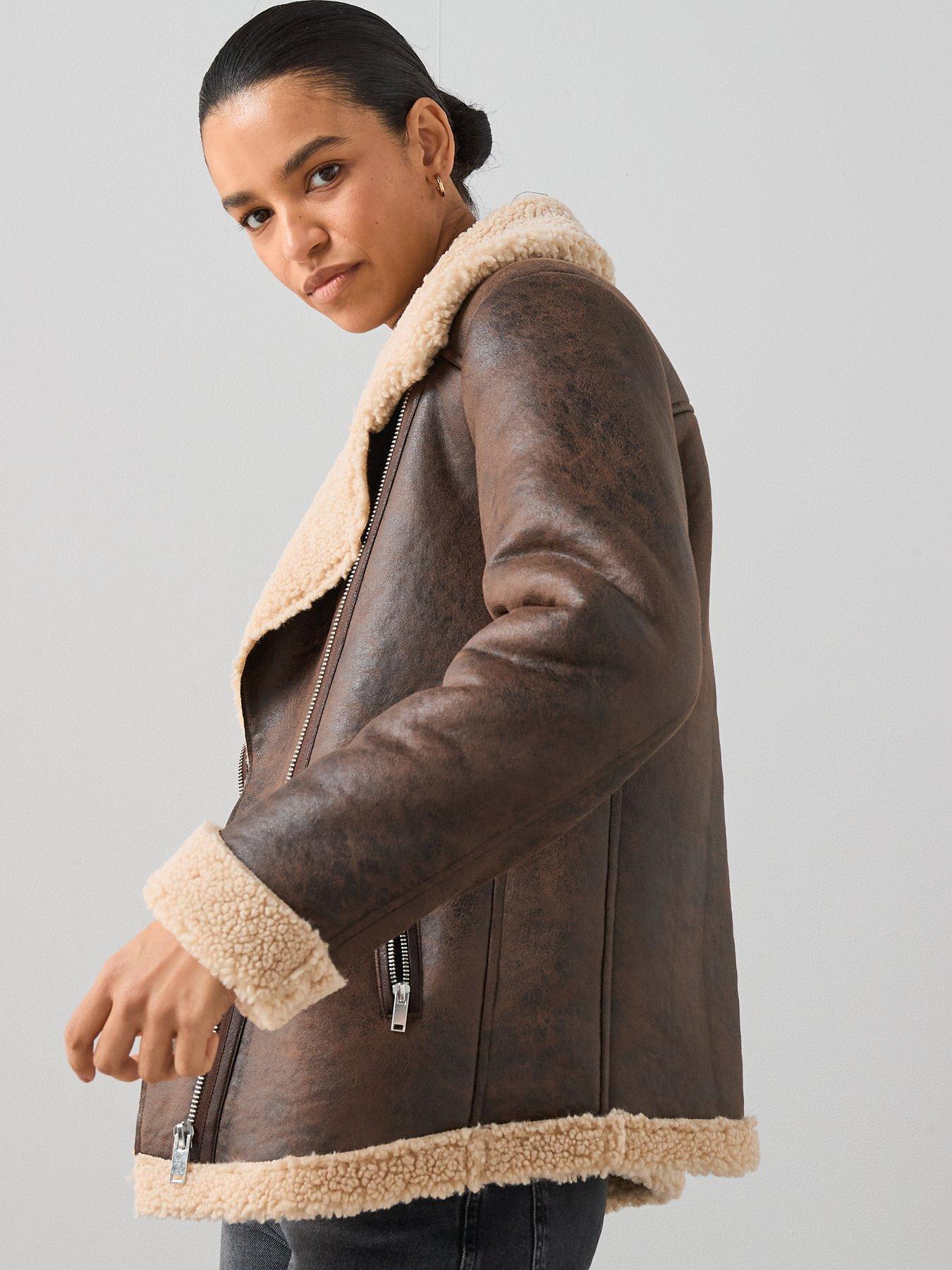 Image 4 of 6 of The Very Collection Faux Shearling Distressed Aviator Jacket - Brown