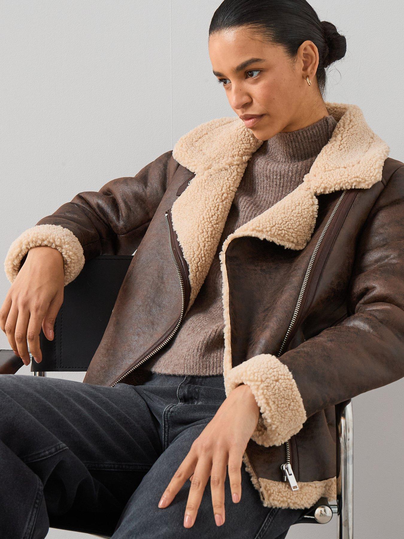 Image 5 of 6 of The Very Collection Faux Shearling Distressed Aviator Jacket - Brown