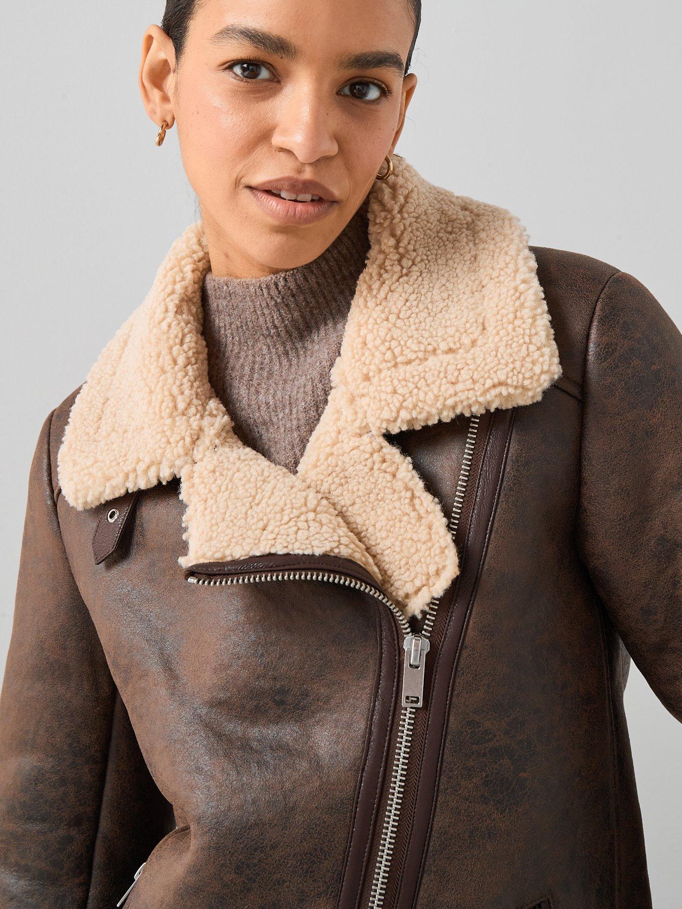 Image 6 of 6 of The Very Collection Faux Shearling Distressed Aviator Jacket - Brown