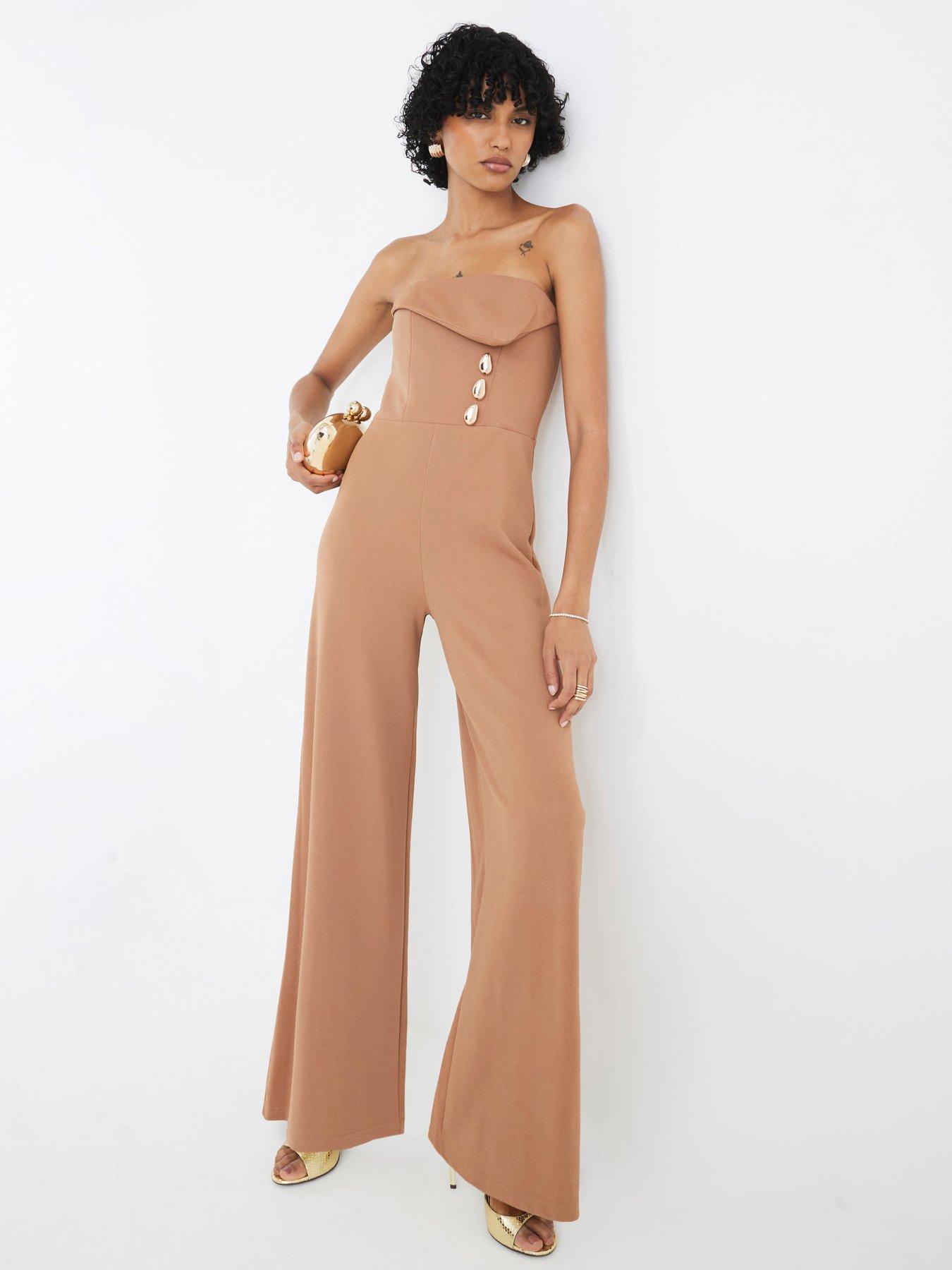 Image 1 of 4 of River Island Bandeau Trim Jumpsuit - Beige